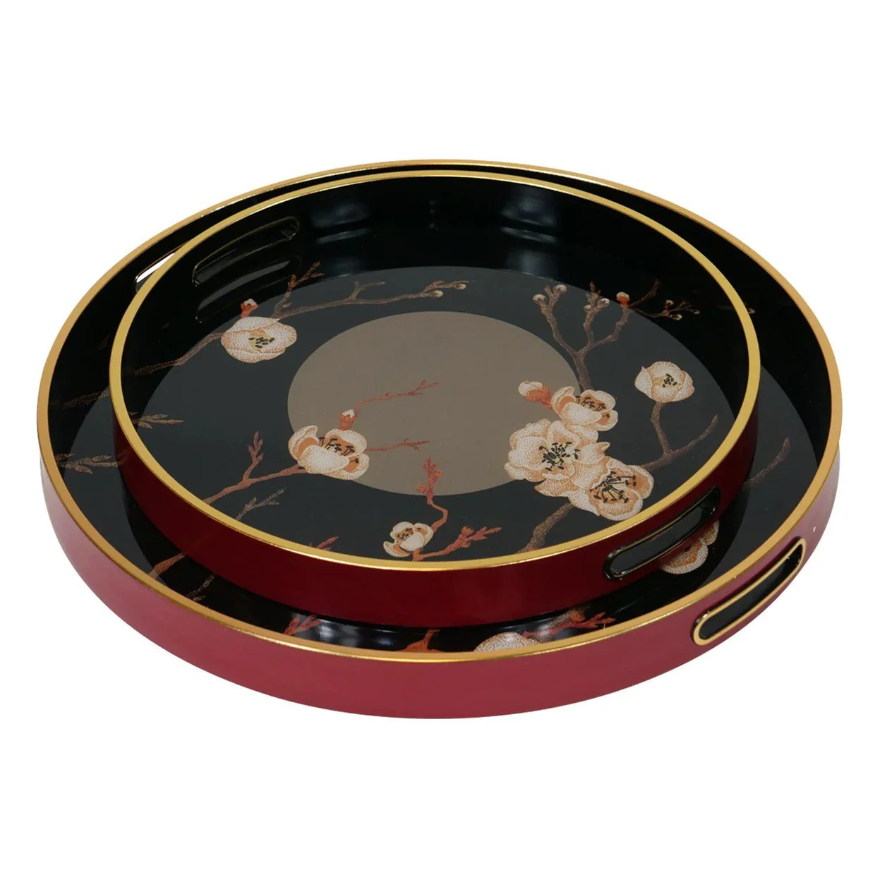 Oriental Bloom Trays (Set of 2) - Black & Gold Finish - Image 2