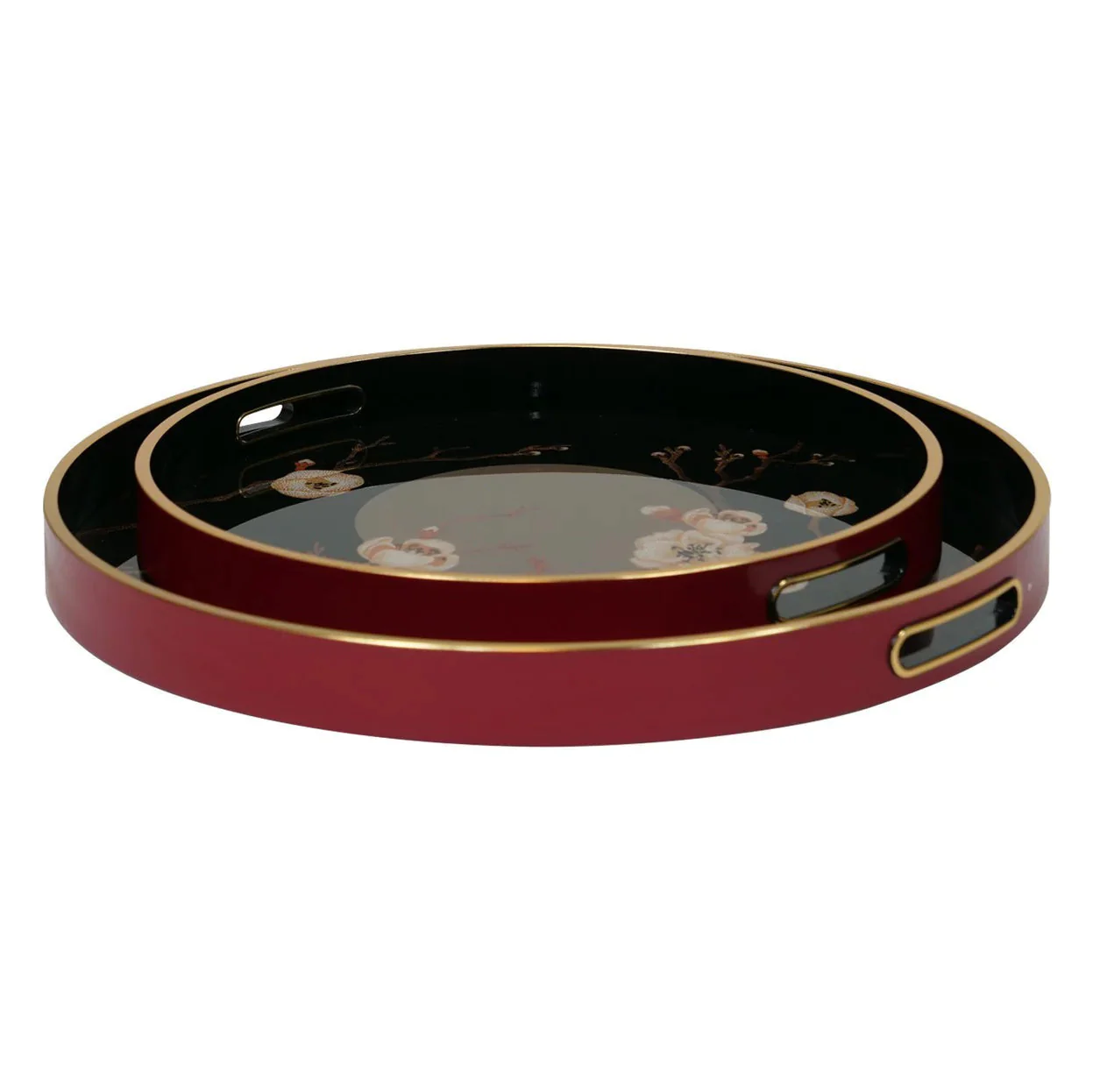 Oriental Bloom Trays (Set of 2) - Black & Gold Finish - Image 3