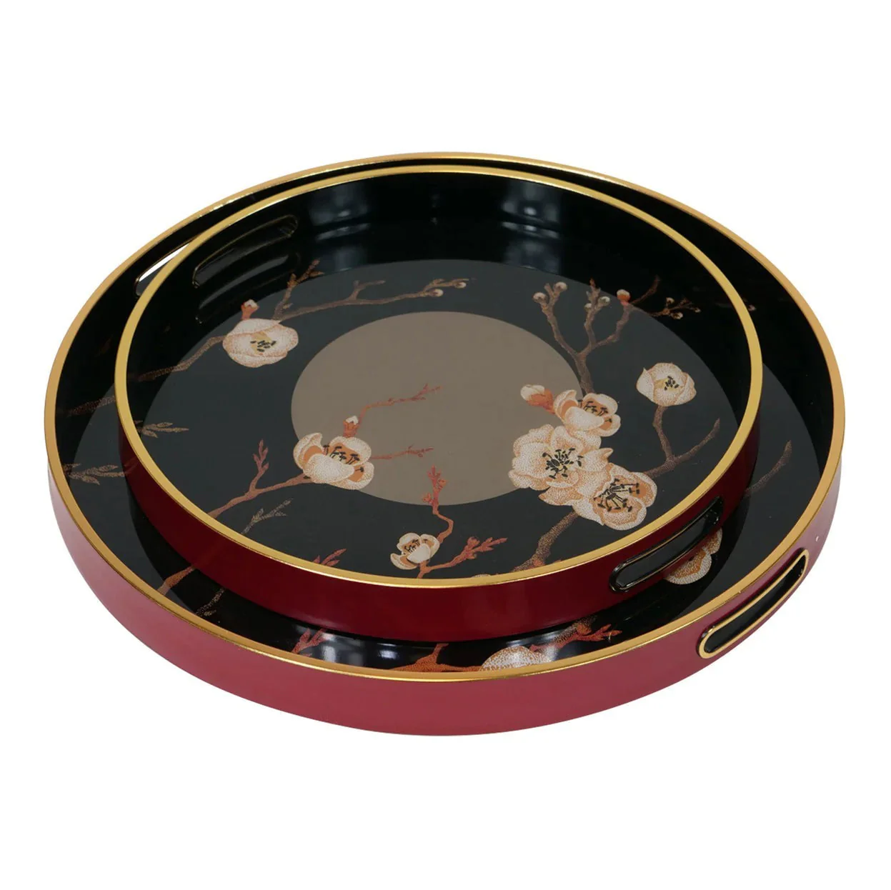 Oriental Bloom Trays (Set of 2) - Black & Gold Finish - Image 4