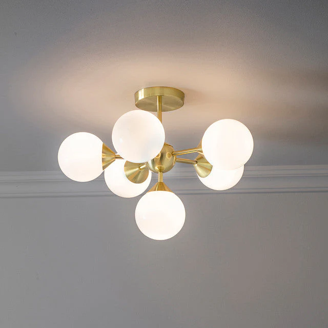 Ruby 6 Light Semi-Flush Ceiling Light, Brushed Brass and Opal Glass Finish - Image 10