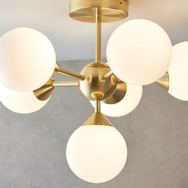 Ruby 6 Light Semi-Flush Ceiling Light, Brushed Brass and Opal Glass Finish - Image 3