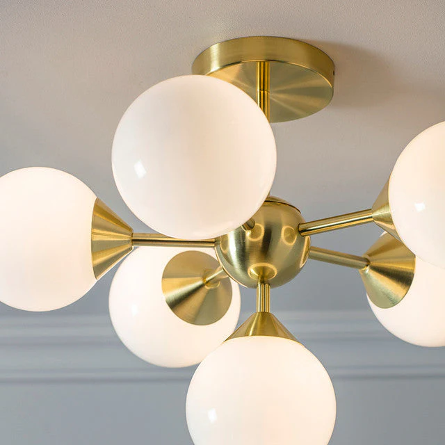 Ruby 6 Light Semi-Flush Ceiling Light, Brushed Brass and Opal Glass Finish - Image 9