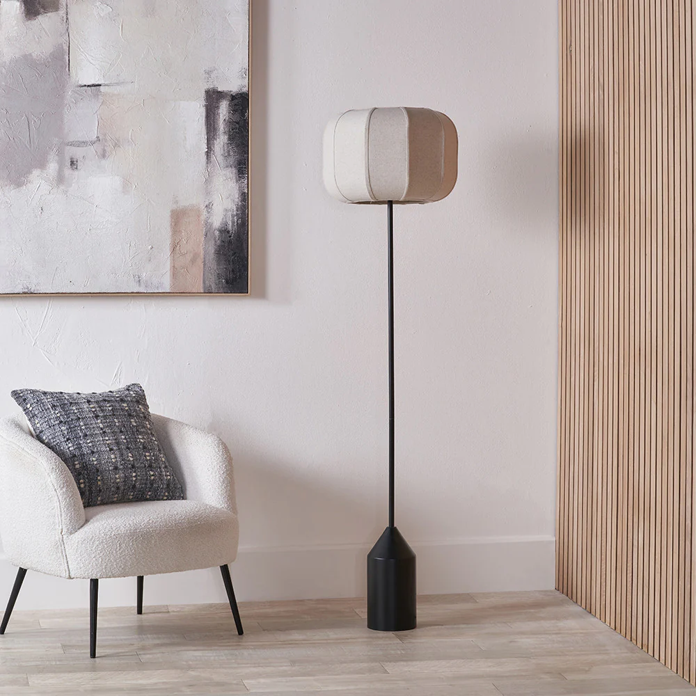 Oscar Black Metal and Natural Linen Floor Lamp - Image 2