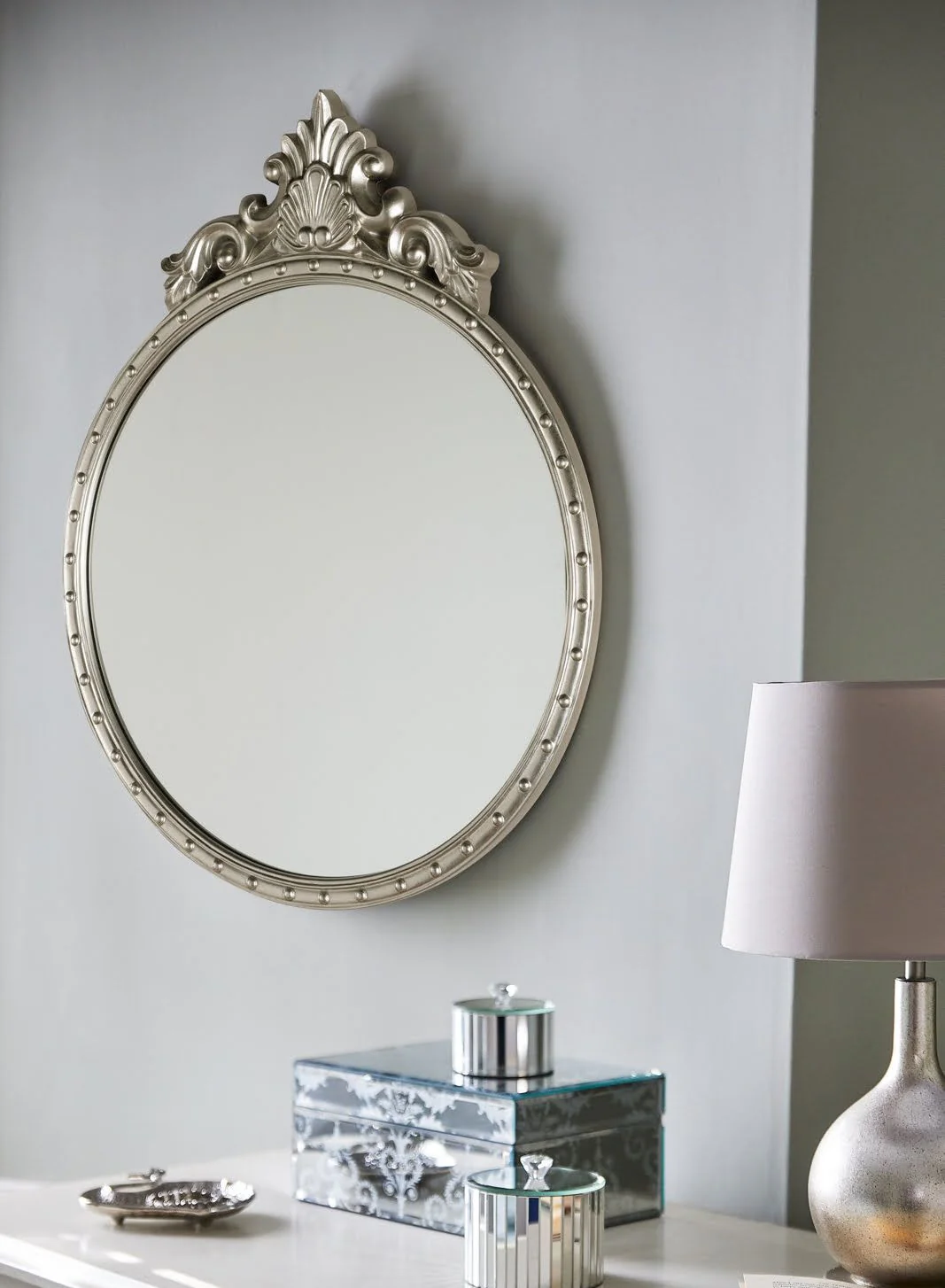 Overton Ornate Round Mirror - Silver or Champagne Frame - Image 3