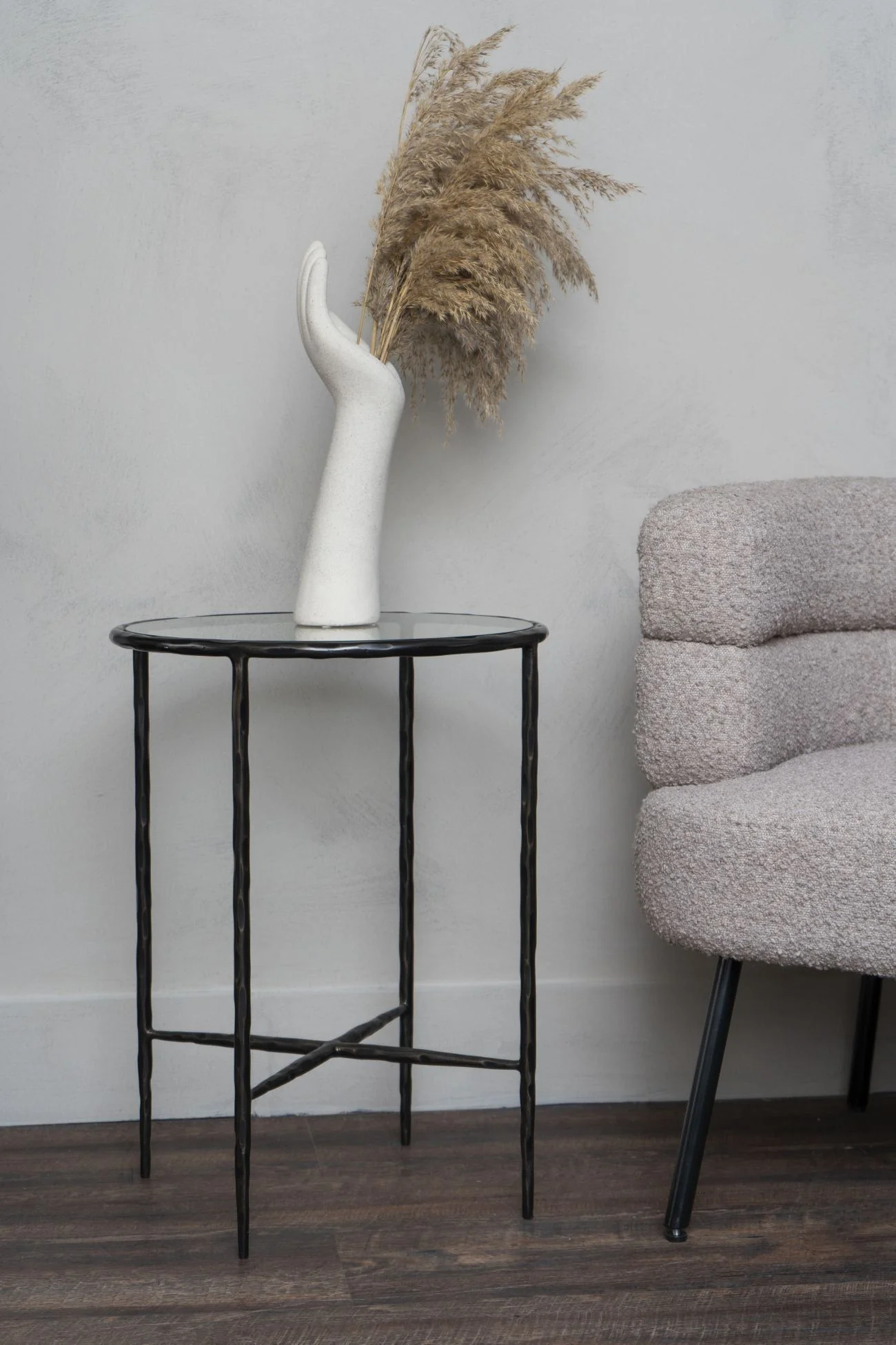 Patterdale Hand Forged Side Table - Brushed Grey/Chalk White/Dark Bronze with Glass Top - Image 6