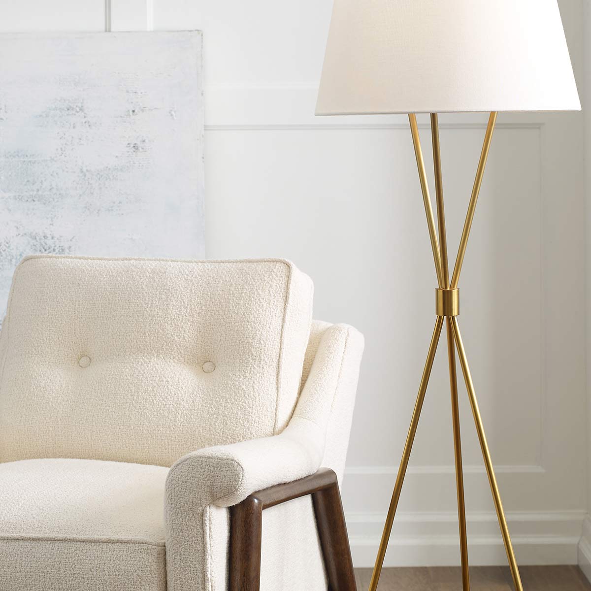 Penny 1 Light Floor Lamp - Burnished Brass/Polished Nickel with White Shade E27 - Image 7