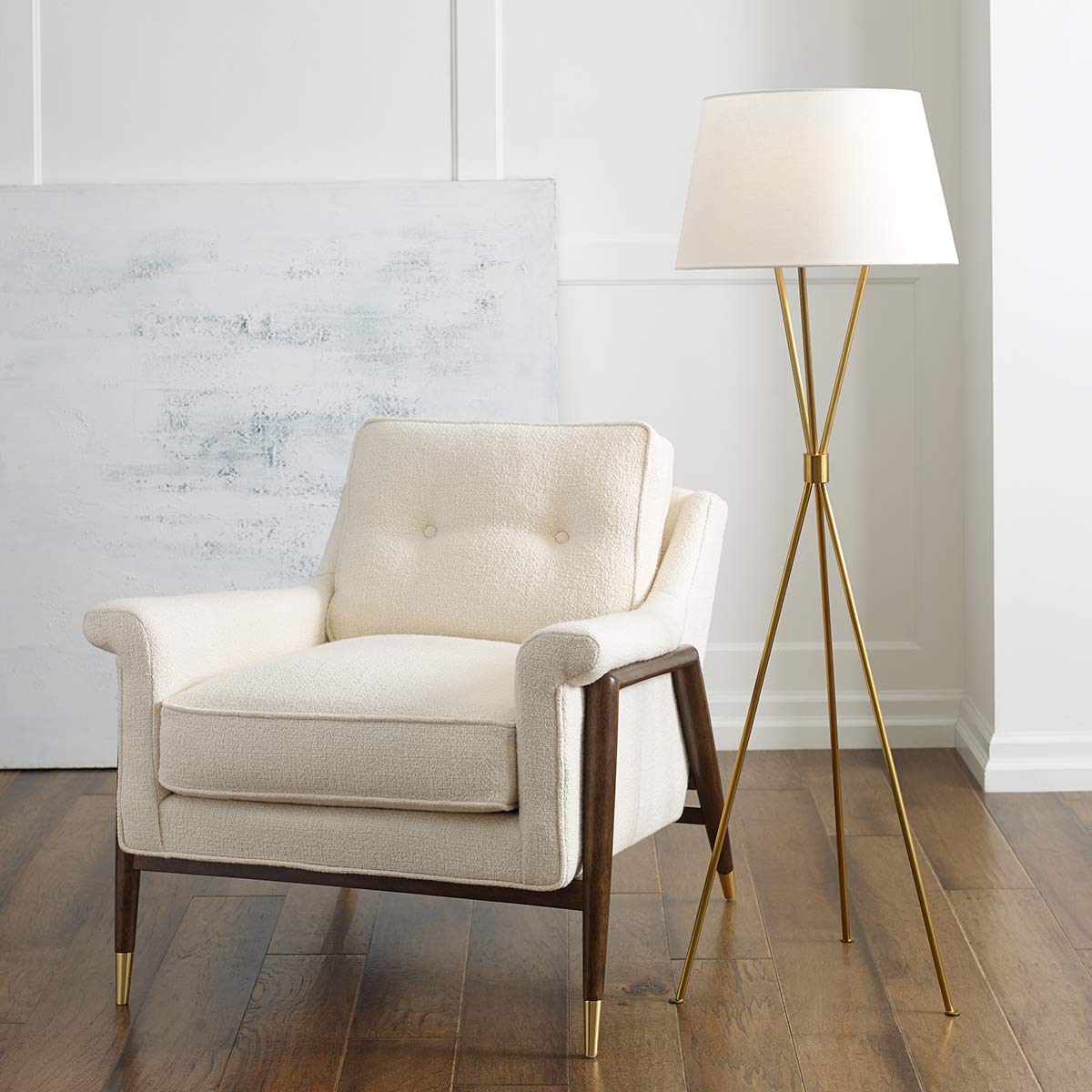 Penny 1 Light Floor Lamp - Burnished Brass/Polished Nickel with White Shade E27 - Image 8