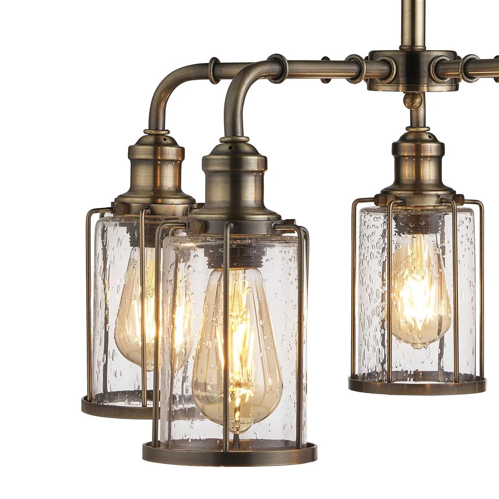 Pipes  5Lt Multi-Arm Pendant - Antique Brass Metal & Seeded Glass - Image 2