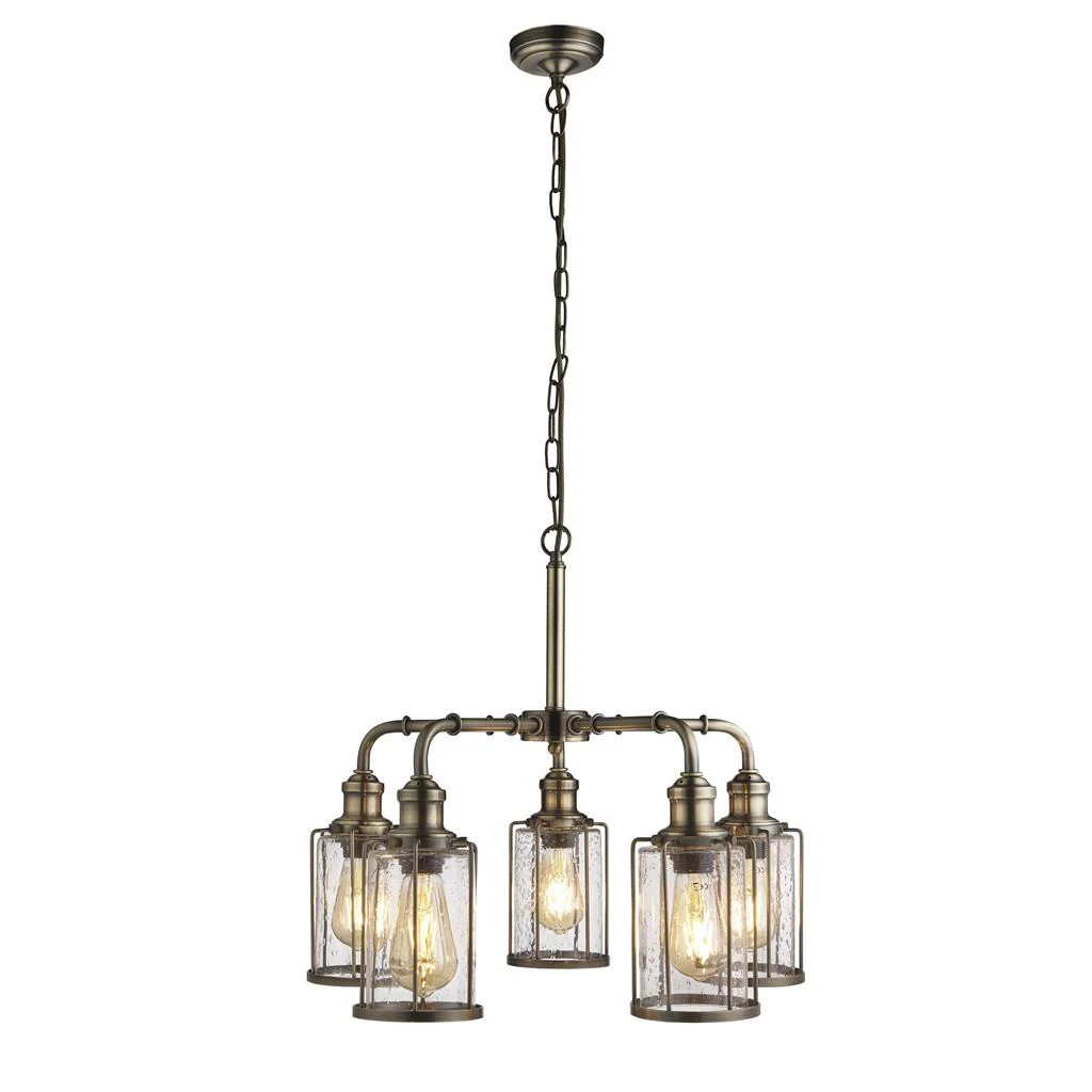 Pipes  5Lt Multi-Arm Pendant - Antique Brass Metal & Seeded Glass - Image 4