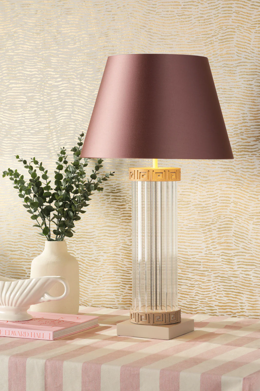 Plato Table Lamp Ribbed Glass And Cream & Gold Base Only E27 - Image 3