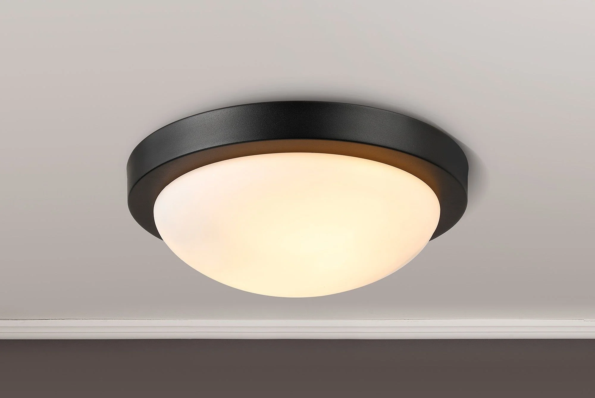 Porter IP44 1 Light E27 Small Flush Ceiling Light, Satin Black/Satin Nickel  With Opal White Glass - Image 8