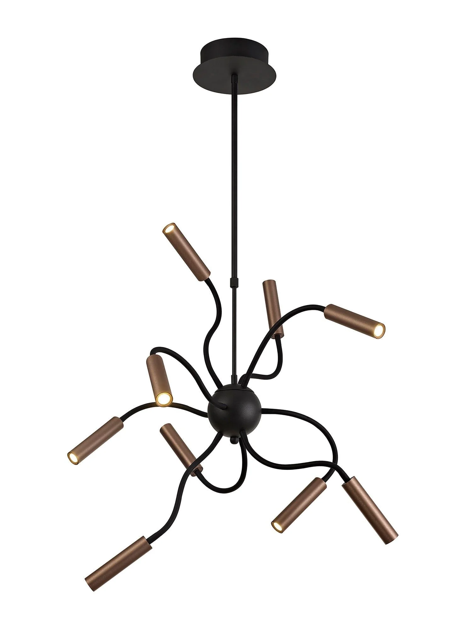 Porto Sputnik Pendant, 9 Light Adjustable Arms, 3000K, Black & Aluminium/Black & Satin Copper Finish - Image 5