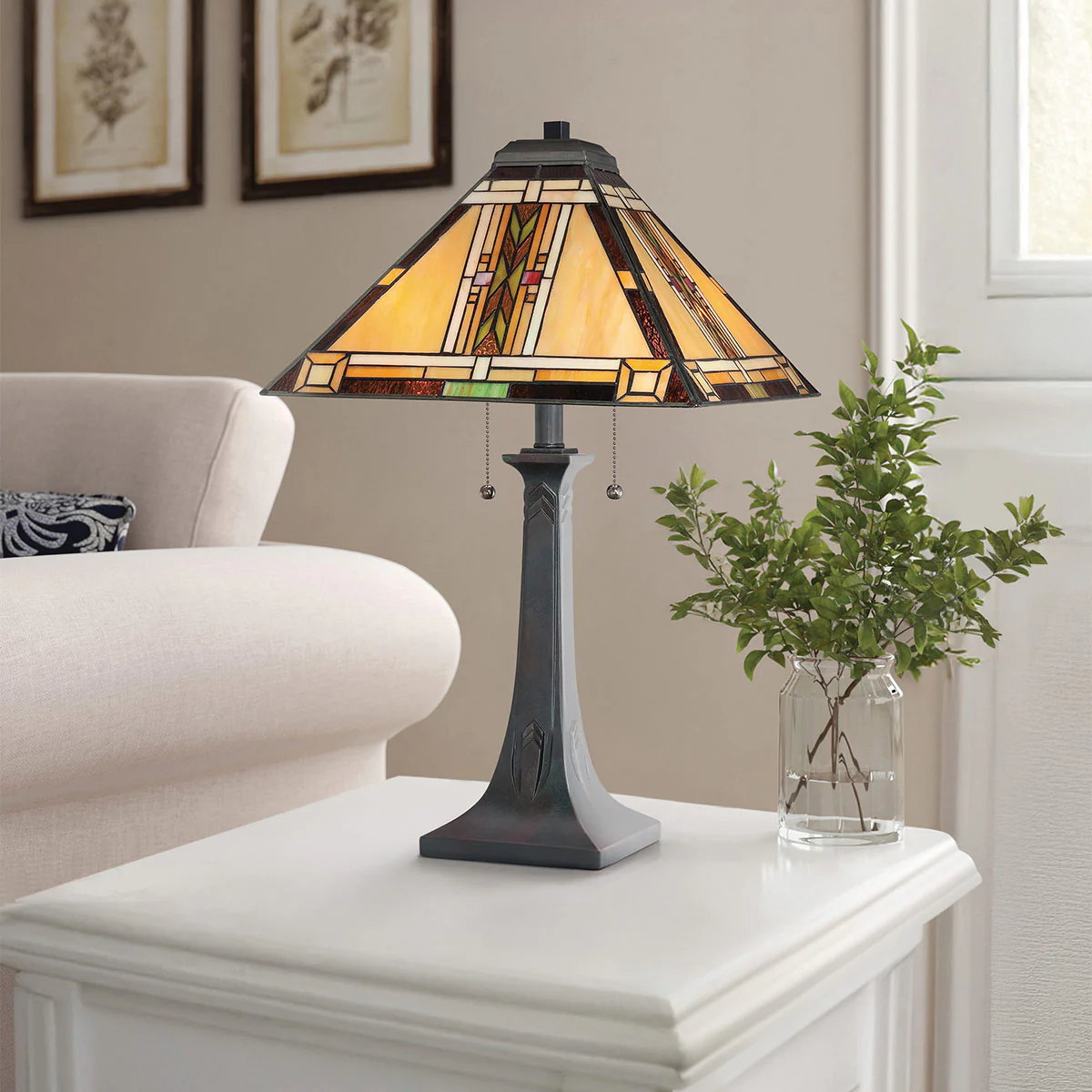 Quoizel Navajo 2 lt Tiffany styleTable Lamp - Bronze with Art Glass Shade E27 - Image 3