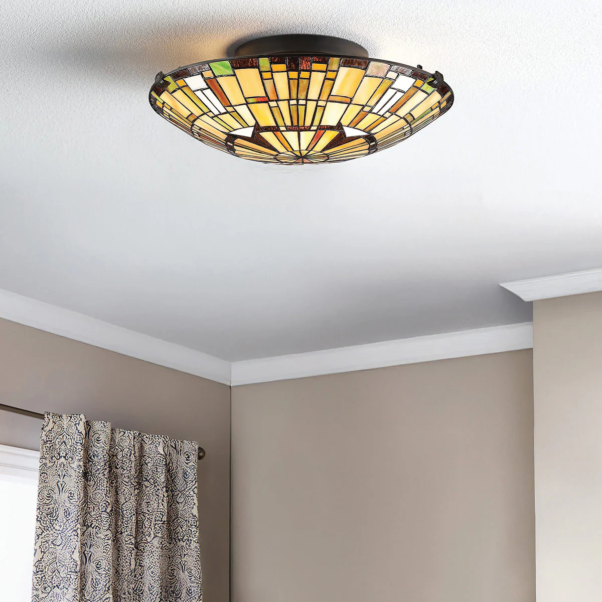 Quoizel Reed 2 lt Tiffany Style Flush - Valiant Bronze Lamp, Art Glass Shade - Image 2