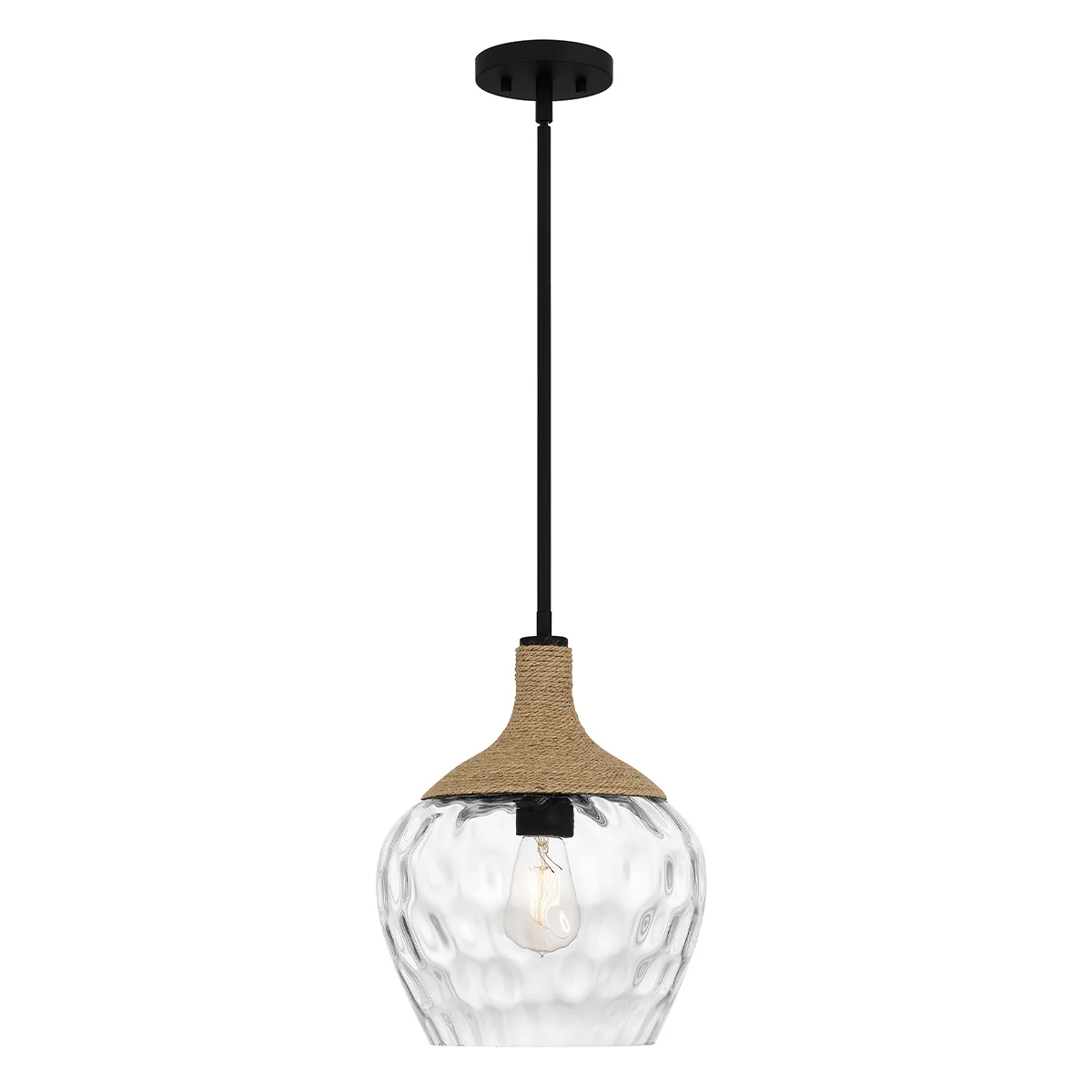 Quoizel Royer 1 lt Pendant - Matte Black with natural rope detail and clear mottled blown glass shade E27 - Image 4