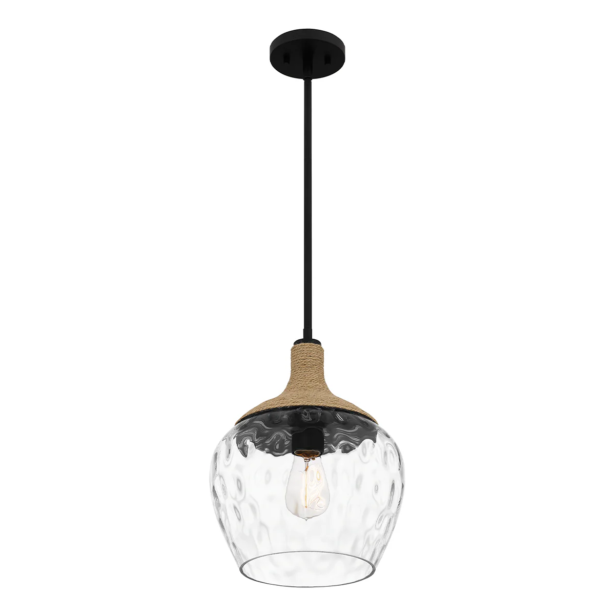 Quoizel Royer 1 lt Pendant - Matte Black with natural rope detail and clear mottled blown glass shade E27 - Image 5