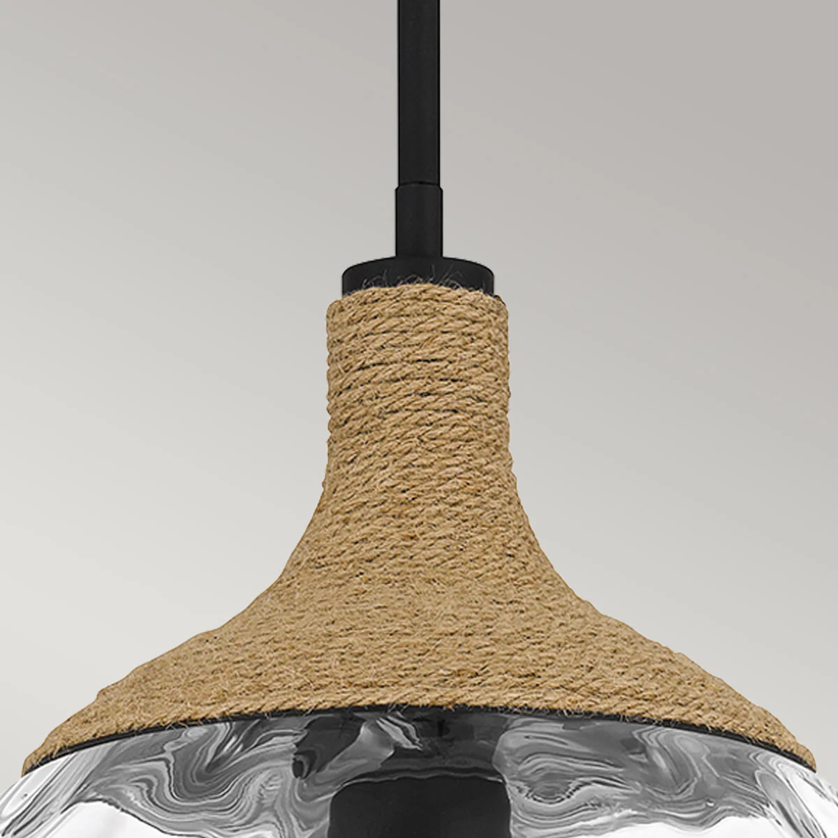 Quoizel Royer 1 lt Pendant - Matte Black with natural rope detail and clear mottled blown glass shade E27 - Image 6