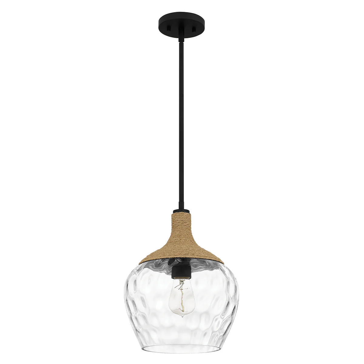 Quoizel Royer 1 lt Pendant - Matte Black with natural rope detail and clear mottled blown glass shade E27 - Image 9