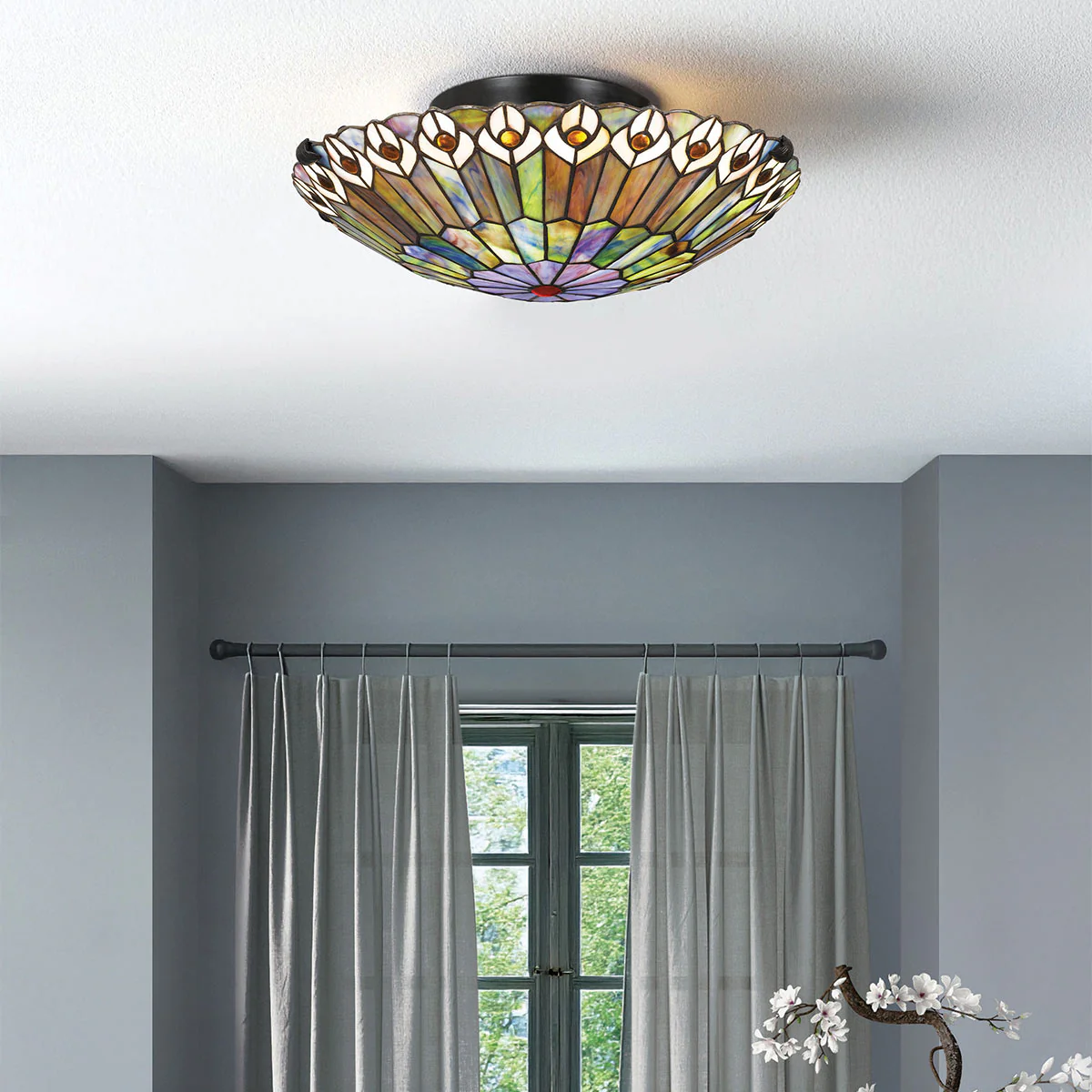 Quoizel Watkins 2 lt Tiffany Style Flush - Valiant Bronze Lamp, Art Glass Shade - Image 2
