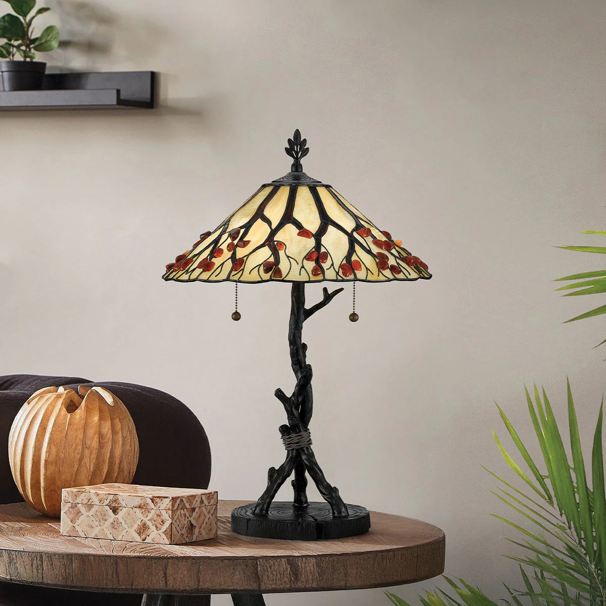 Quoizel Whispering 2 lt Tiffany style Table Lamp - Valiant Bronze with Art Glass Shade E27 - Image 2