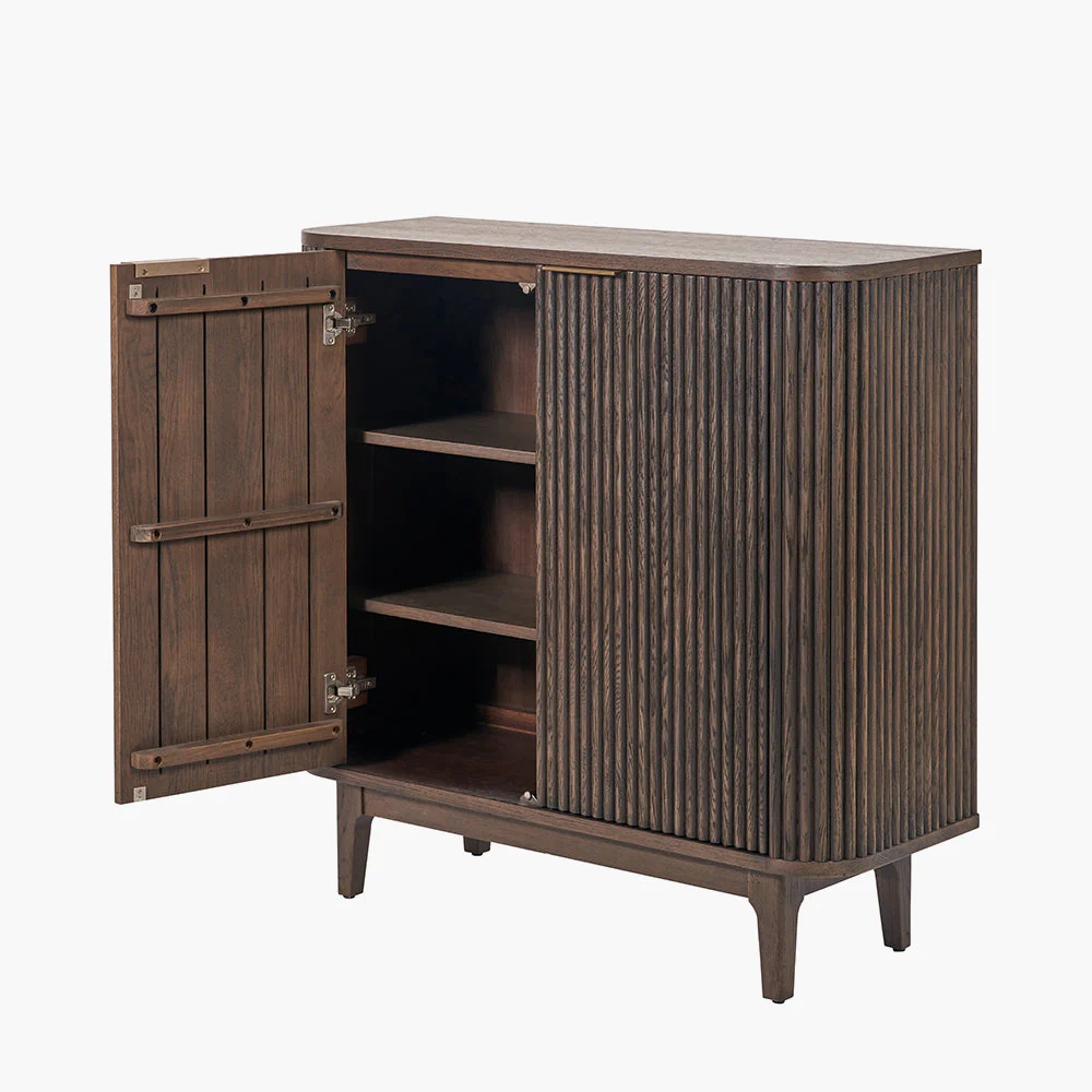 Raie Dark Brown Ribbed Oak and Pine Wood 2 Door Bar Cabinet - Image 3