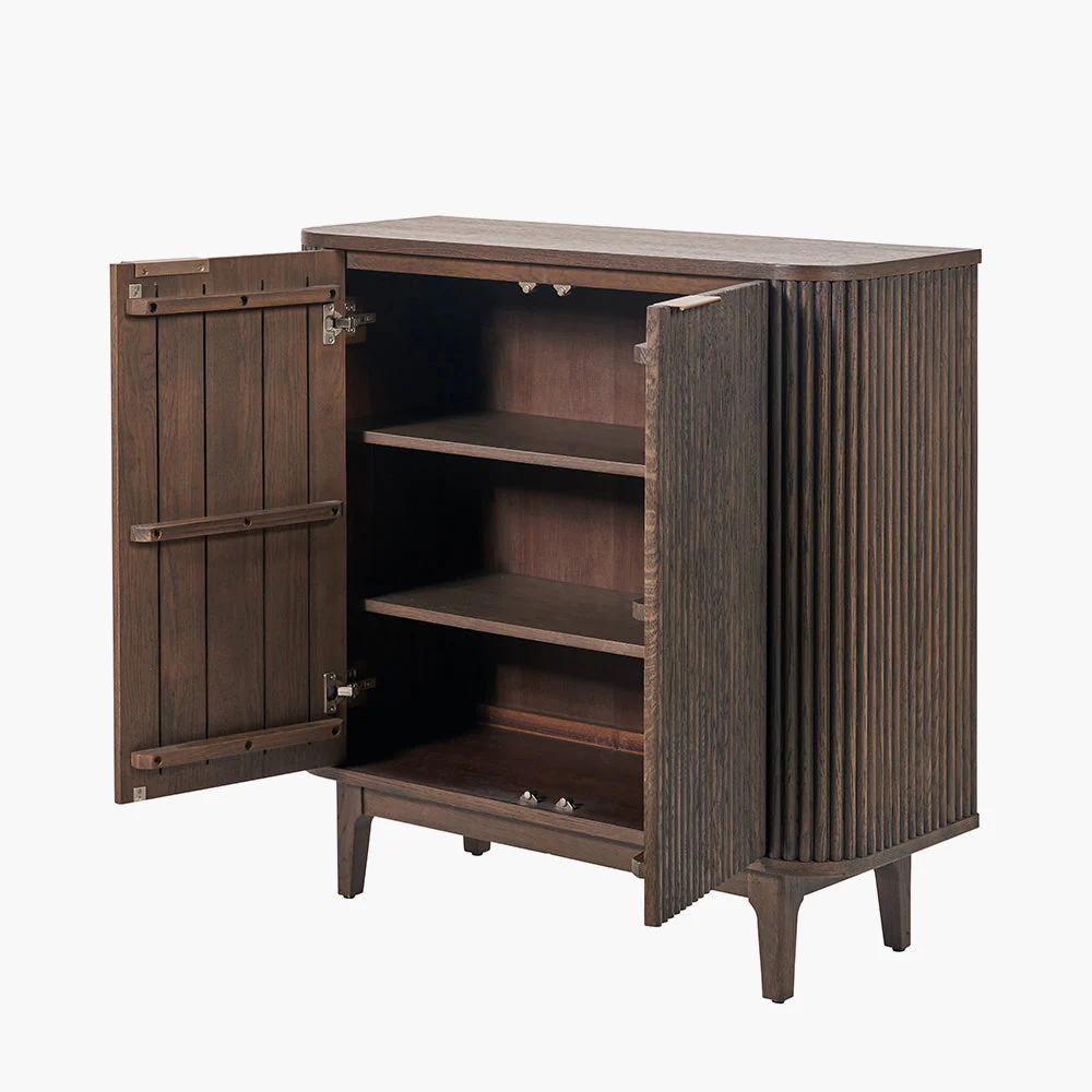 Raie Dark Brown Ribbed Oak and Pine Wood 2 Door Bar Cabinet - Image 4