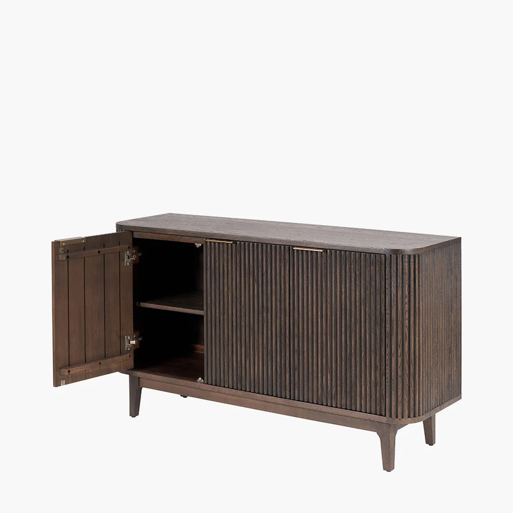 Raie Dark Brown Ribbed Oak & Pine Wood 3 Door Sideboard - Image 3