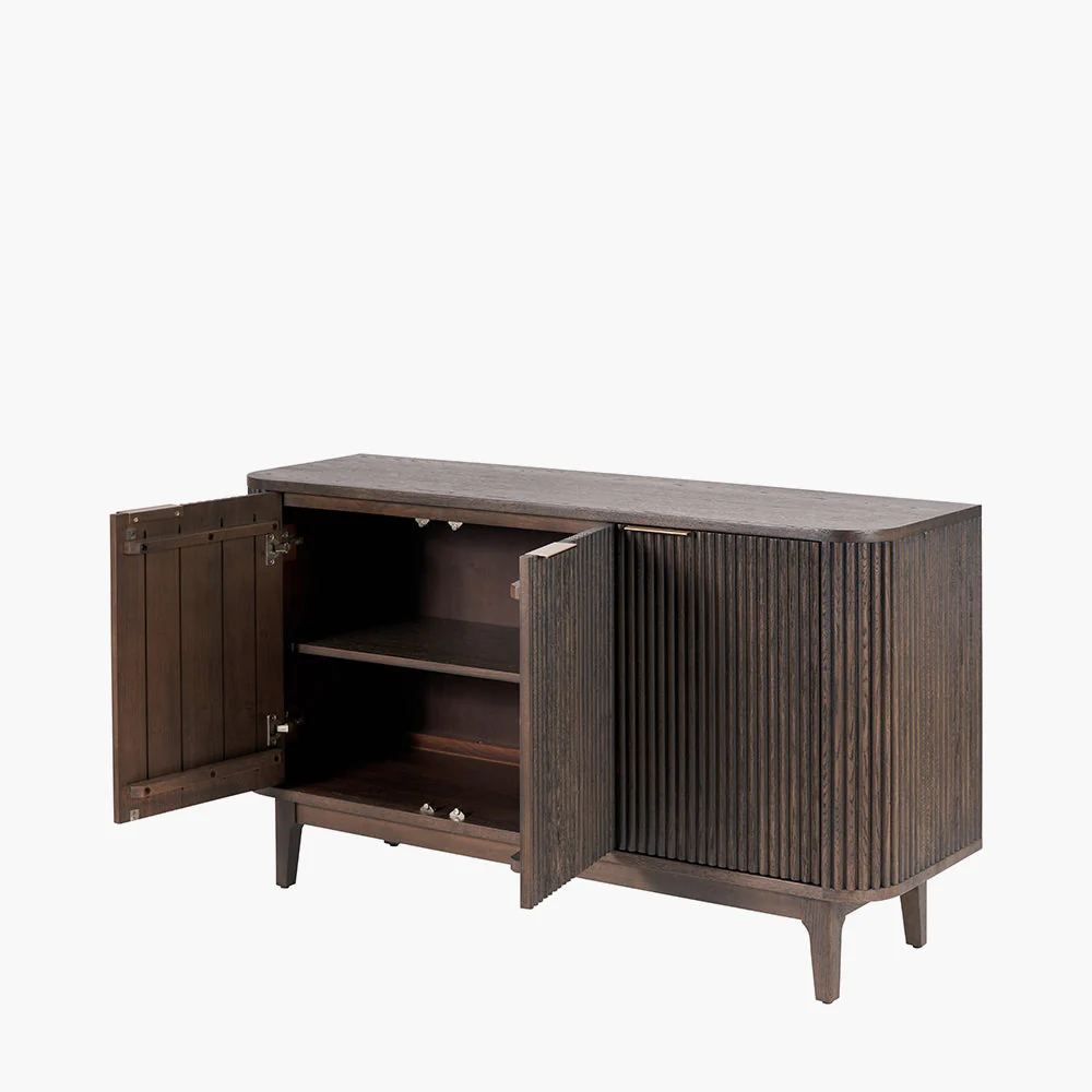 Raie Dark Brown Ribbed Oak & Pine Wood 3 Door Sideboard - Image 4