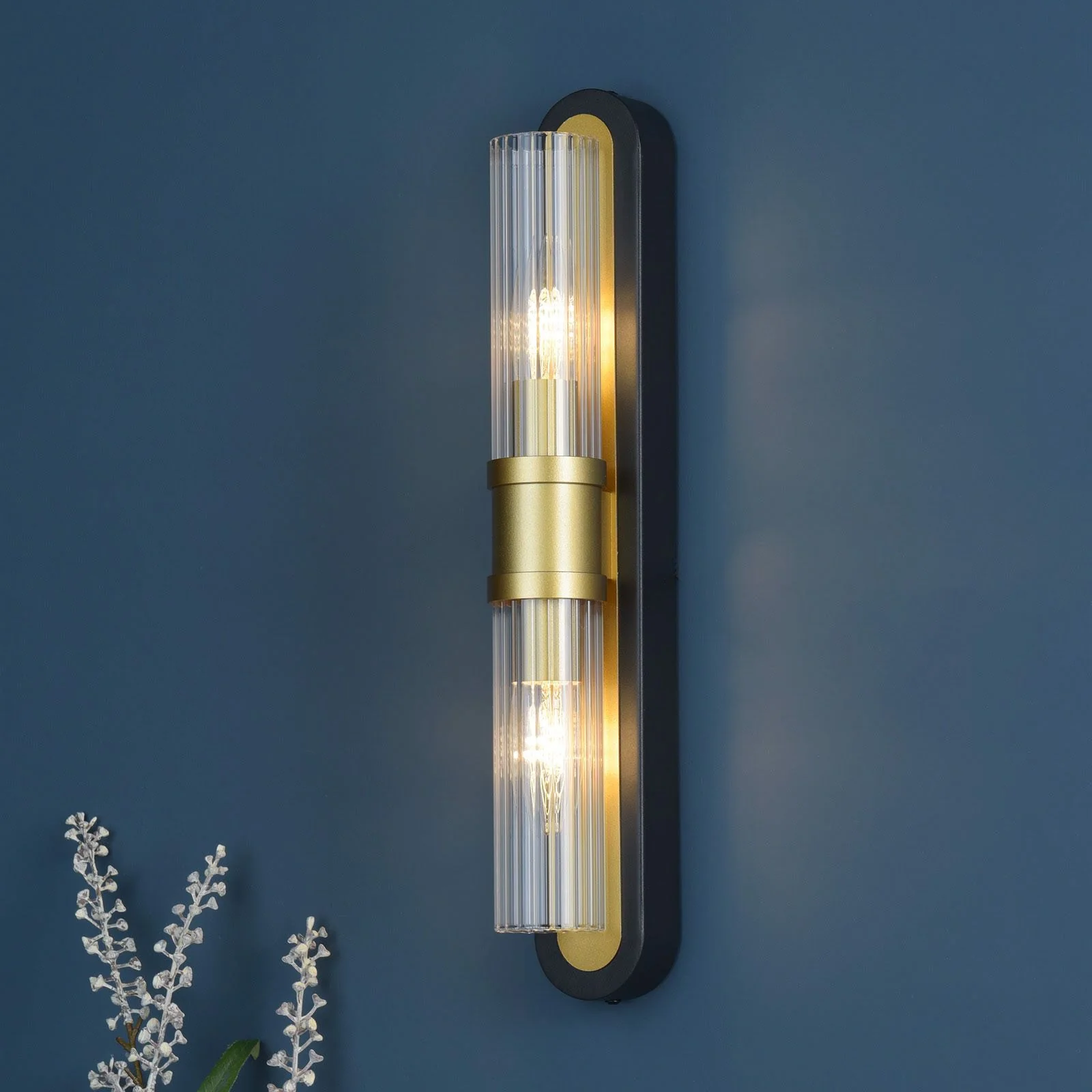 Rhian 2 Light Wall Light- Matt Black and Ribbed Glass - Image 4