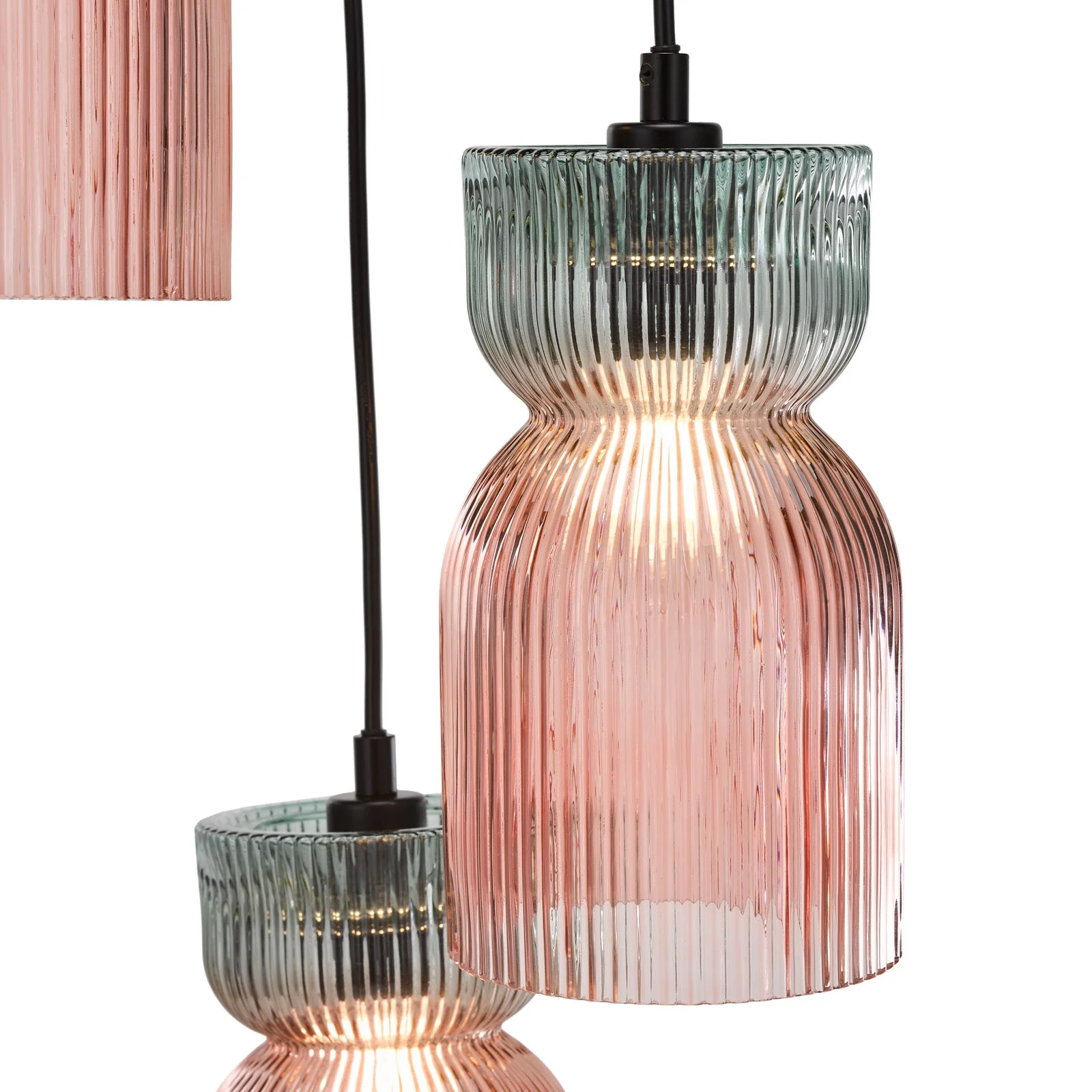 Rhubarb 3 Light Cluster Pendant Pink and Green Ribbed Glass E14 - Image 3