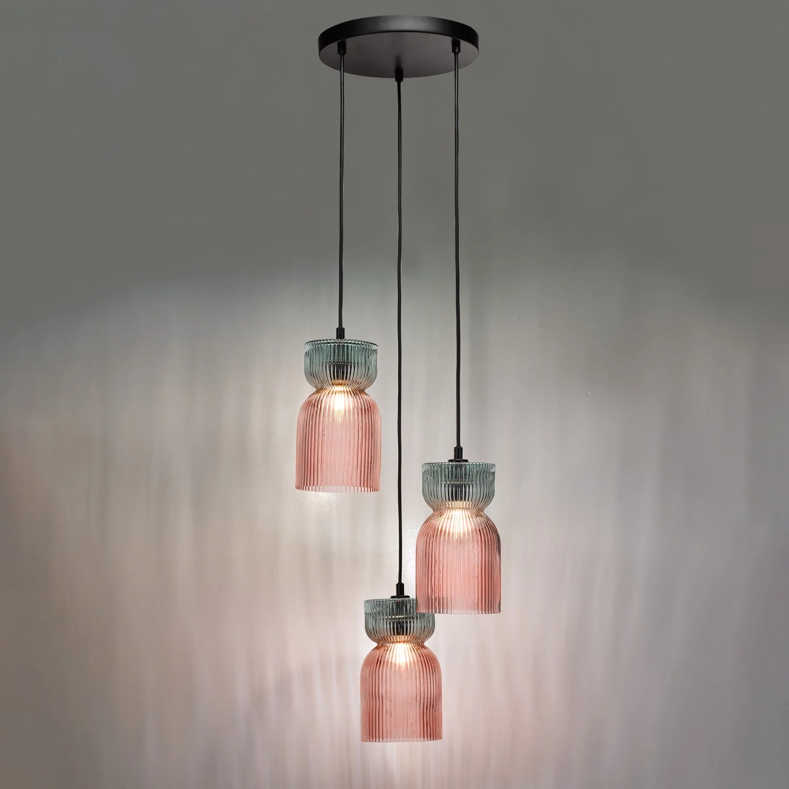 Rhubarb 3 Light Cluster Pendant Pink and Green Ribbed Glass E14 - Image 5