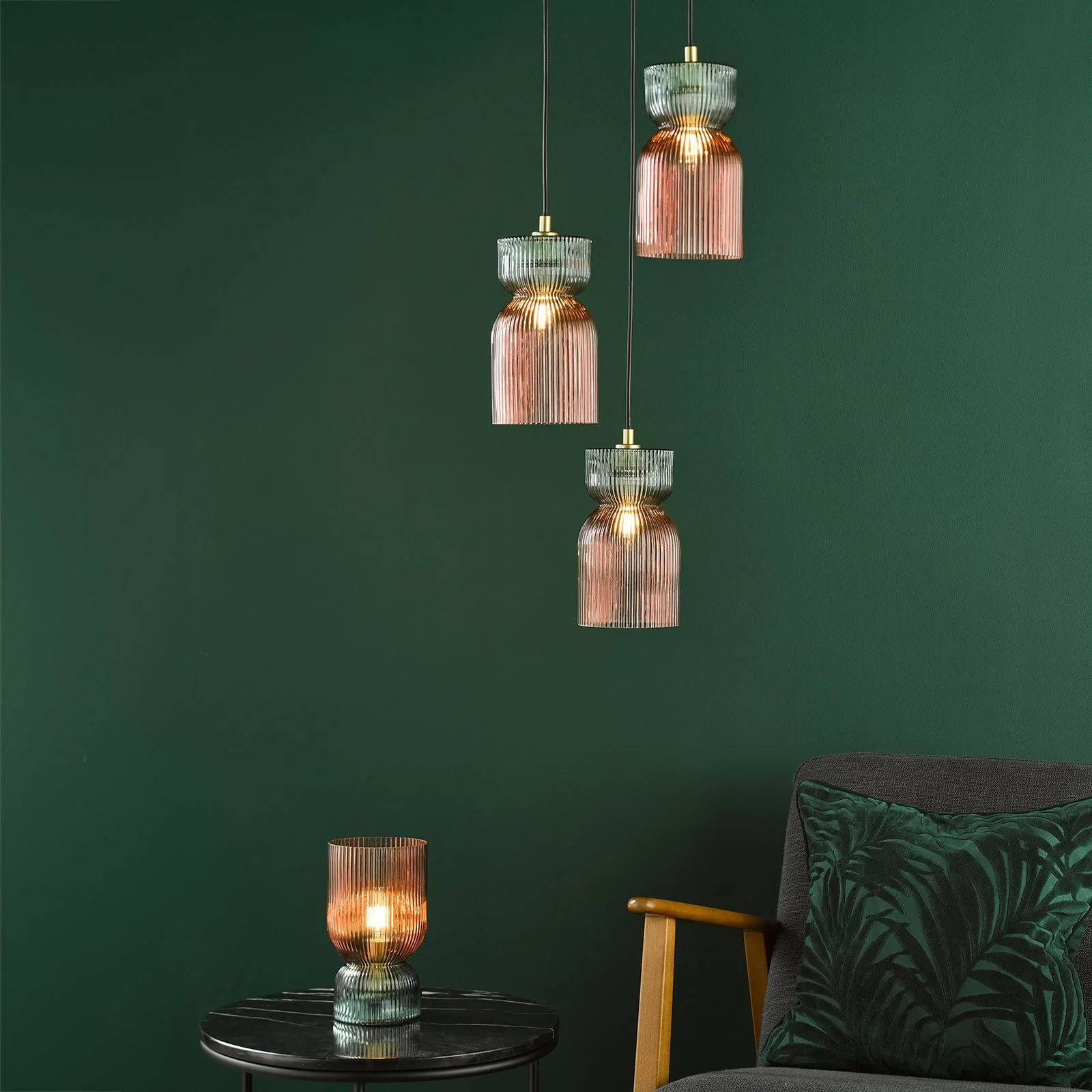 Rhubarb 3 Light Cluster Pendant Pink and Green Ribbed Glass E14 - Image 8