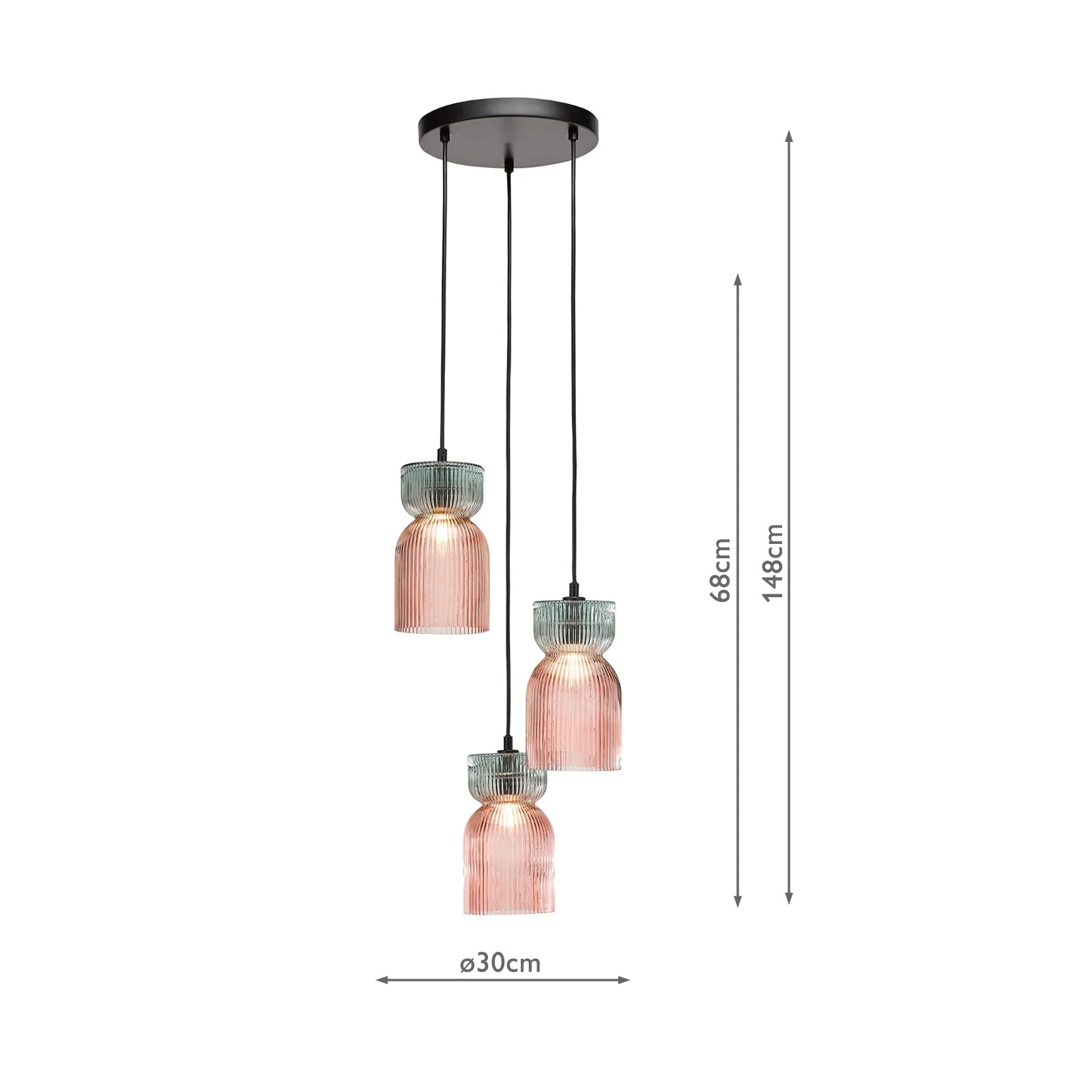 Rhubarb 3 Light Cluster Pendant Pink and Green Ribbed Glass E14 - Image 9