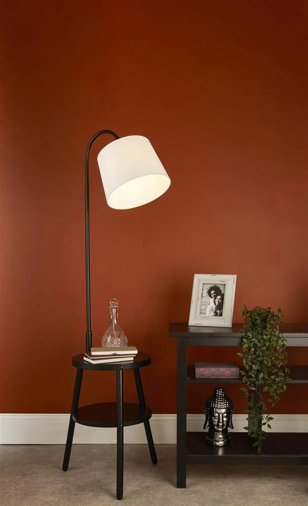 Ridge Shelf Floor Lamp - Black Metal, Wood & White Fabric Shade E27 - Image 2