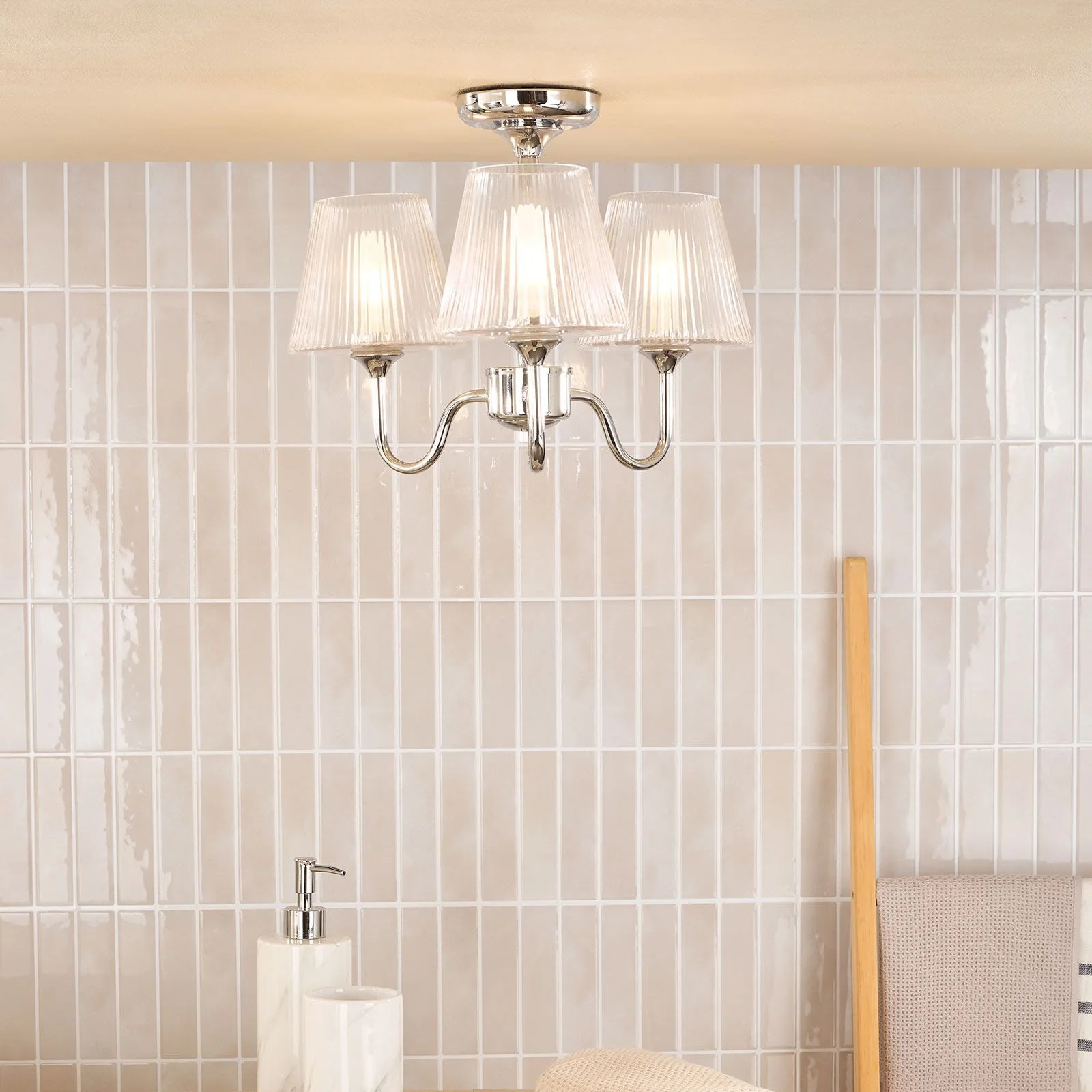 Rimaz 3 Light Bathroom Semi Flush IP44 Light- Polished Chrome and Ribbed Glass - Image 4