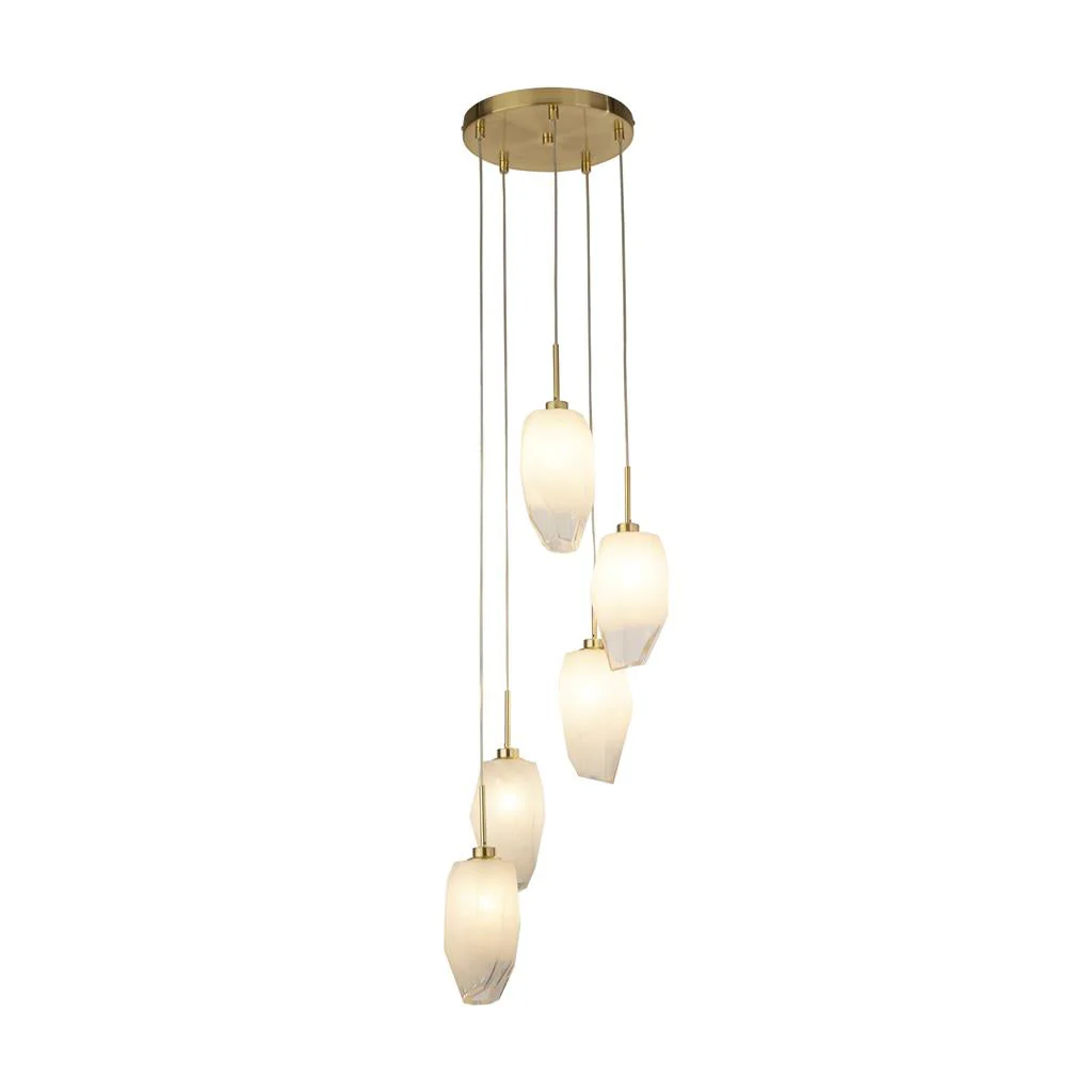Rocky 5Lt Multi Drop Pendant, Satin Brass Metal & Glass