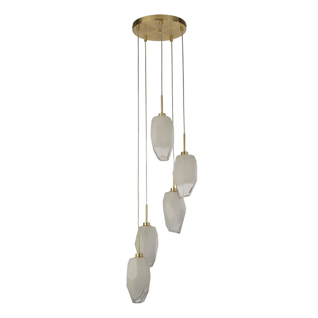 Rocky 5Lt Multi Drop Pendant, Satin Brass Metal & Glass - Image 3
