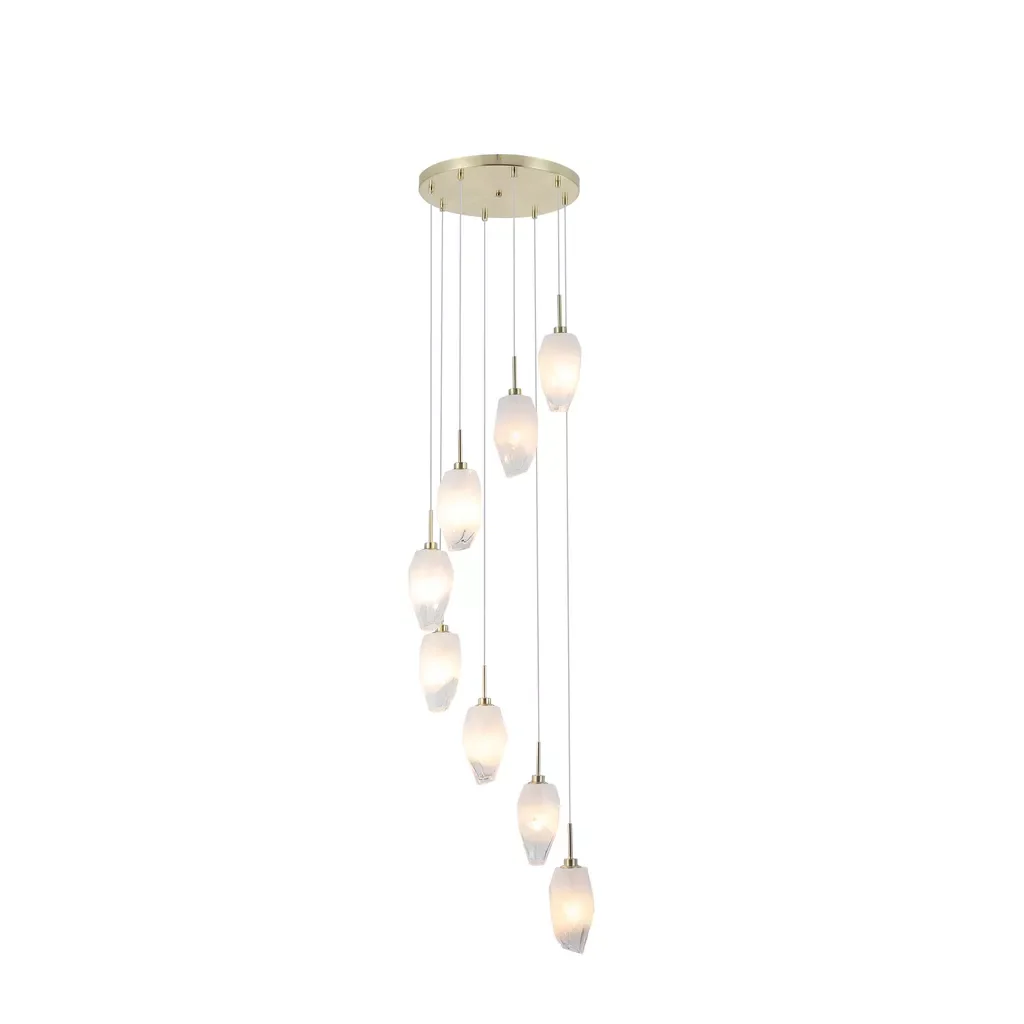 Rocky 8Lt Multi Drop Cluster Light- Satin Brass Metal & Glass