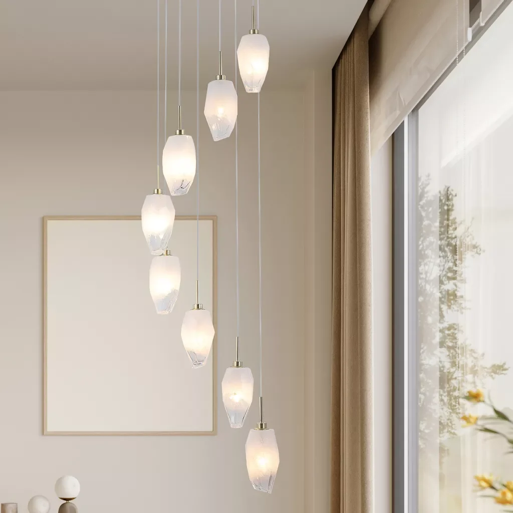 Rocky 8Lt Multi Drop Cluster Light- Satin Brass Metal & Glass - Image 3