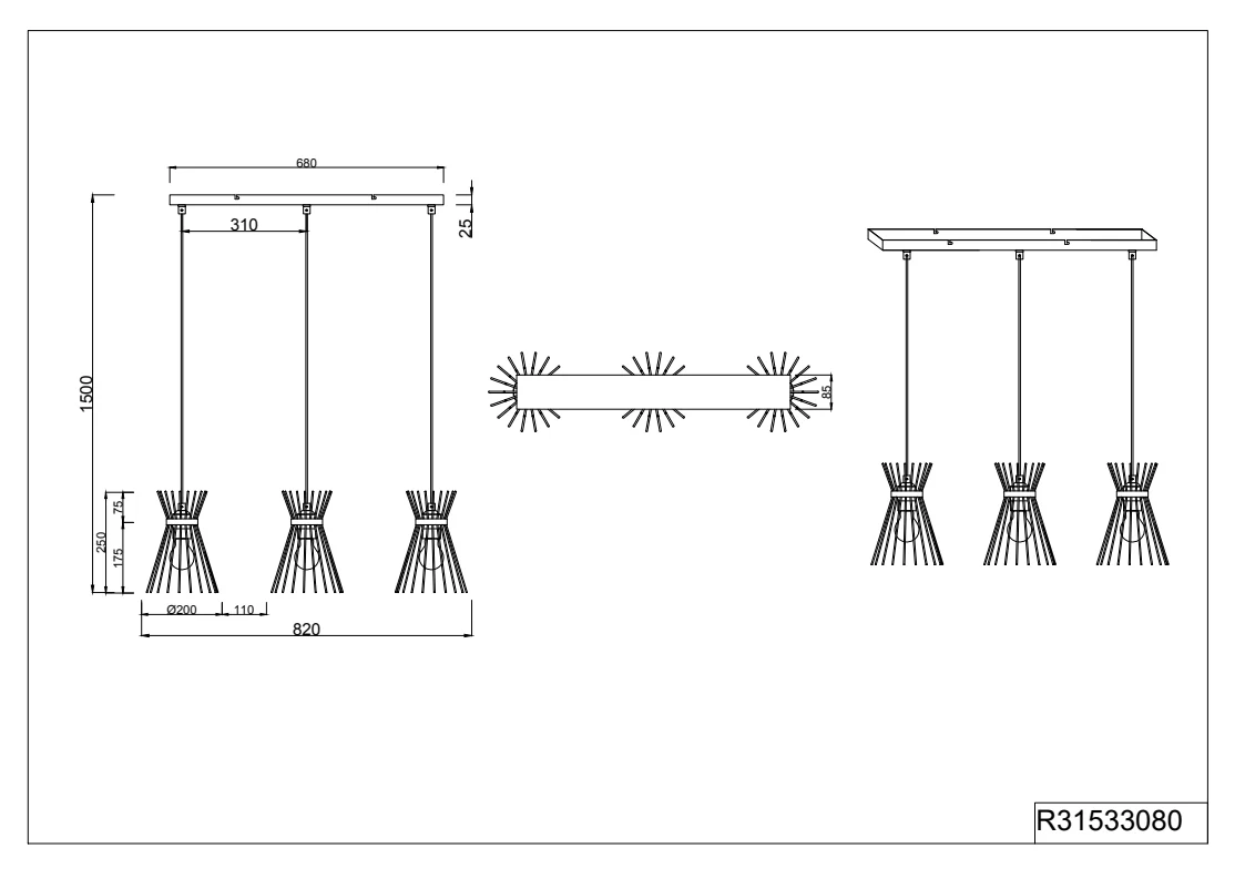 Rod - 3Lt Linear Pendant - Black - Image 2