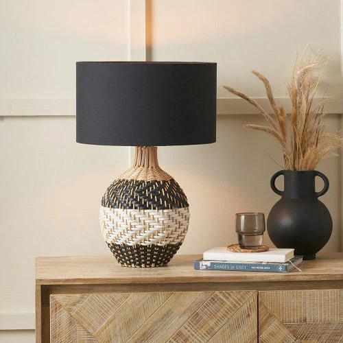 Rowan Natural Rattan Black and White Woven Table Lamp - Image 6