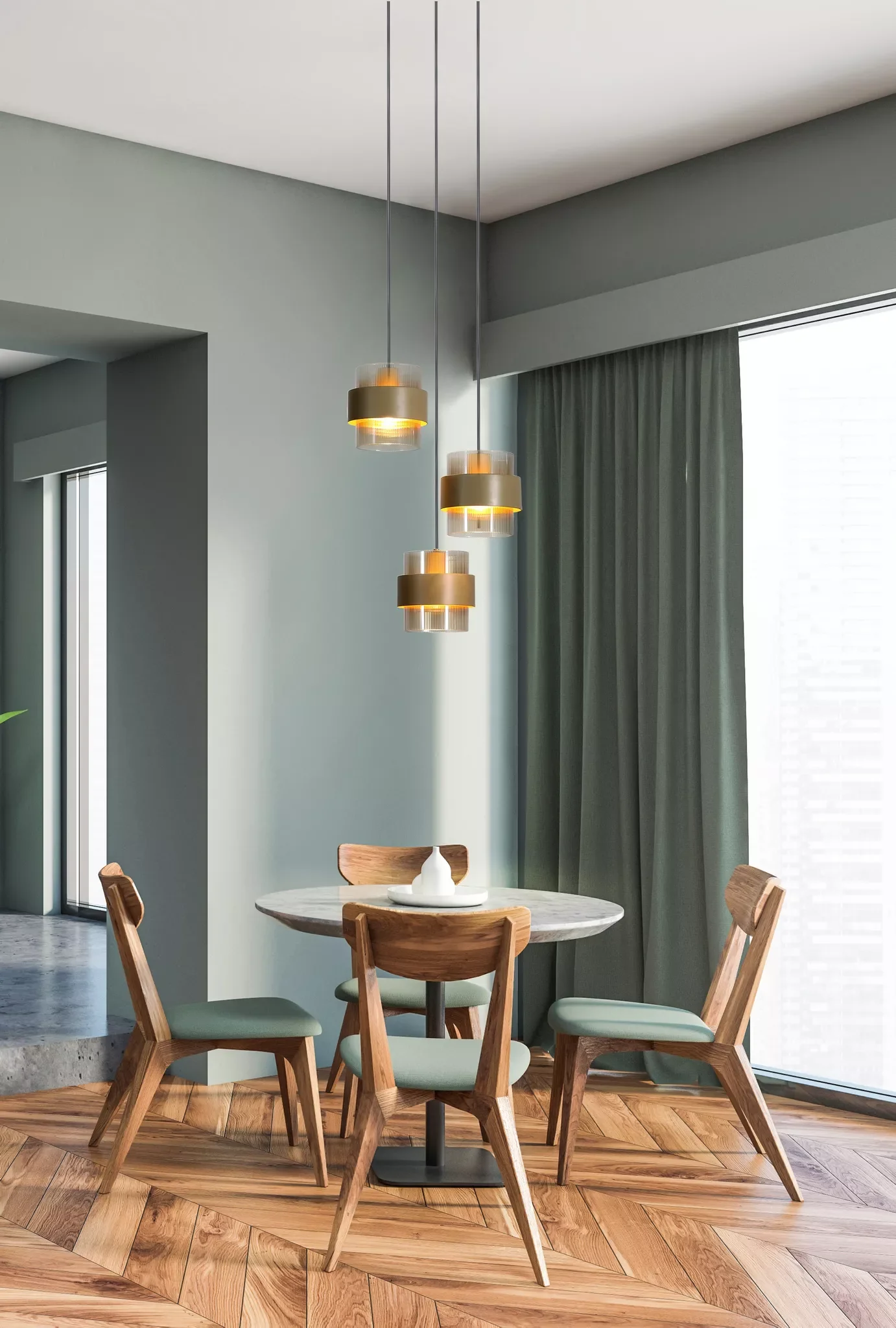 Royal 3Lt Multi Drop Pendant- Sand w Amber Ribbed Glass - Image 3
