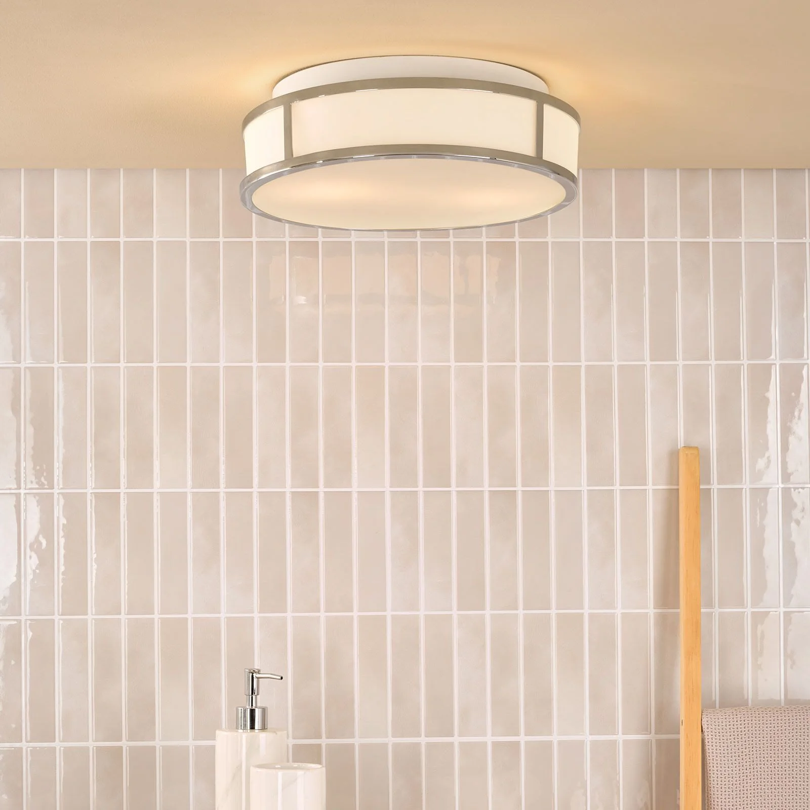 Royce 2 Light Bathroom Flush light IP44- Polished Chrome/ Antique Brass and Opal Glass - Image 4