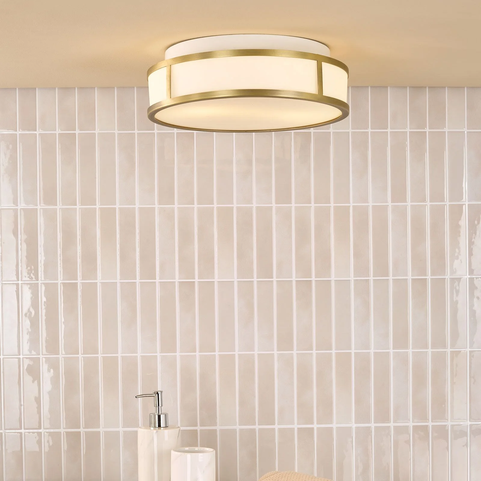 Royce 2 Light Bathroom Flush light IP44- Polished Chrome/ Antique Brass and Opal Glass - Image 8