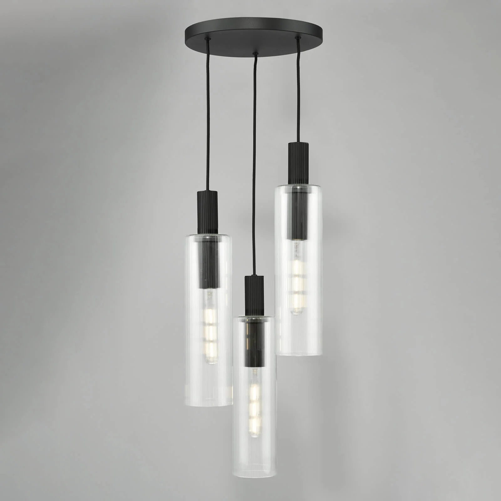 Ruben 3 Light Cluster Pendant Satin Silver and Ribbed Iridised Glass/Satin Black & Ribbed Glass E27 - Image 12