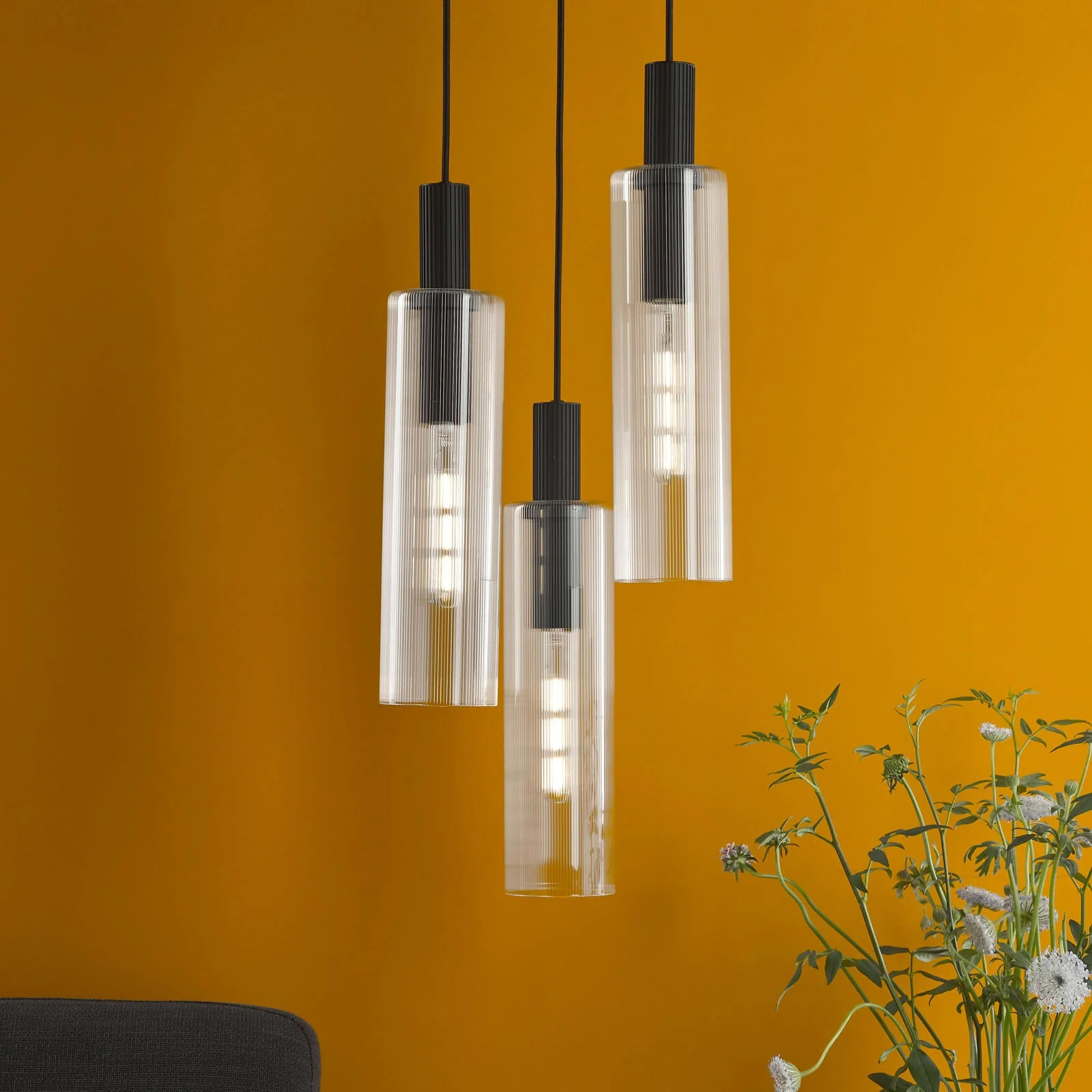 Ruben 3 Light Cluster Pendant Satin Silver and Ribbed Iridised Glass/Satin Black & Ribbed Glass E27 - Image 13