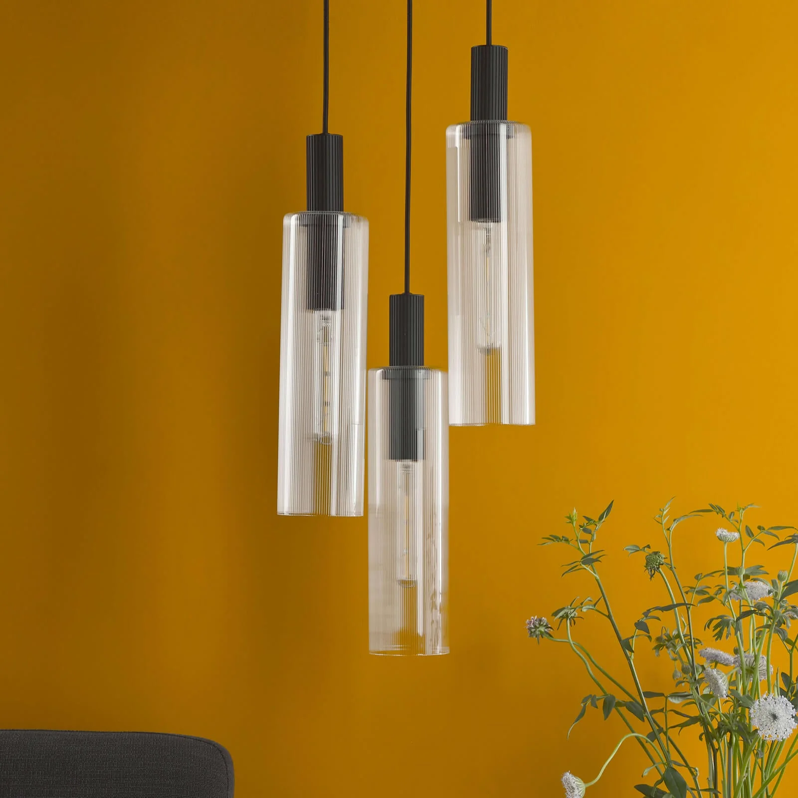 Ruben 3 Light Cluster Pendant Satin Silver and Ribbed Iridised Glass/Satin Black & Ribbed Glass E27 - Image 14