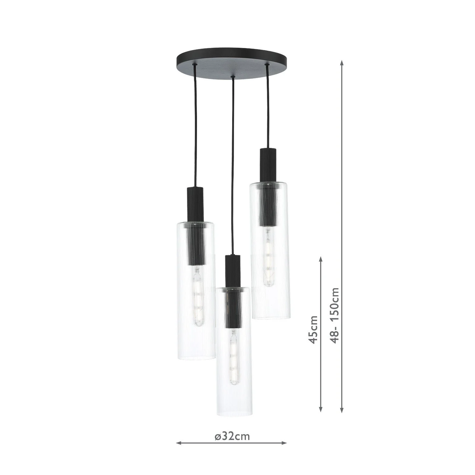 Ruben 3 Light Cluster Pendant Satin Silver and Ribbed Iridised Glass/Satin Black & Ribbed Glass E27 - Image 15