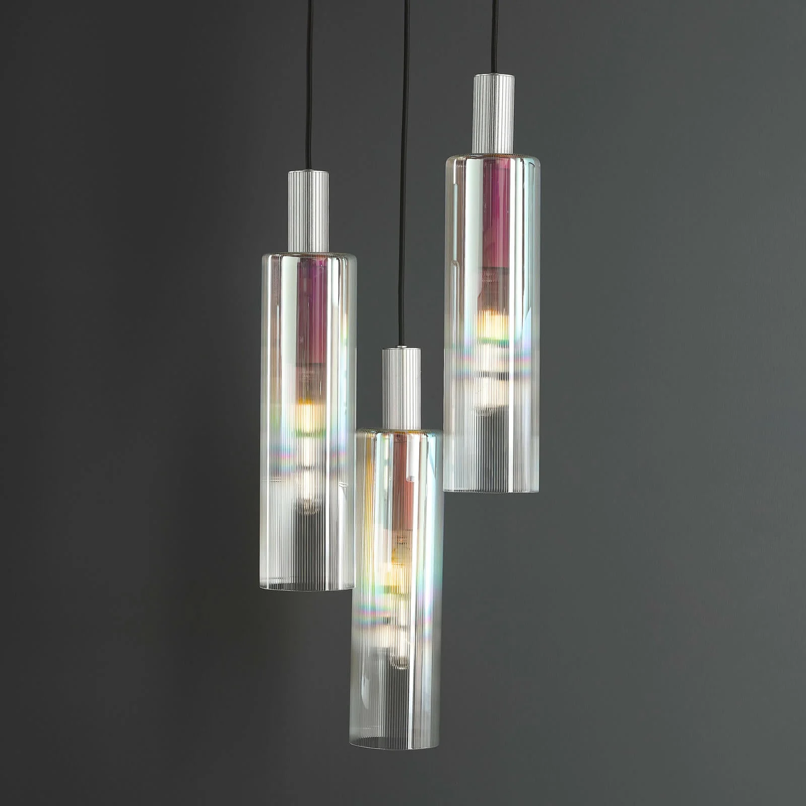 Ruben 3 Light Cluster Pendant Satin Silver and Ribbed Iridised Glass/Satin Black & Ribbed Glass E27 - Image 5