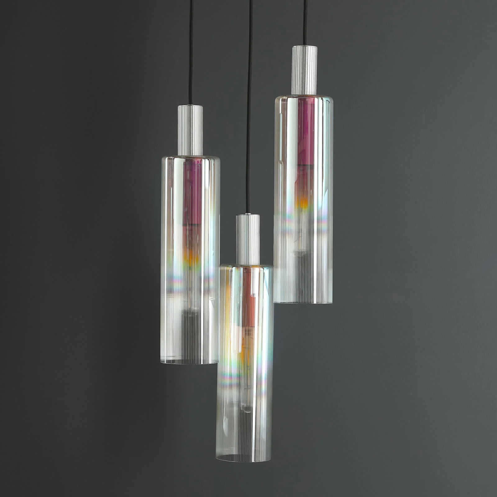 Ruben 3 Light Cluster Pendant Satin Silver and Ribbed Iridised Glass/Satin Black & Ribbed Glass E27 - Image 6